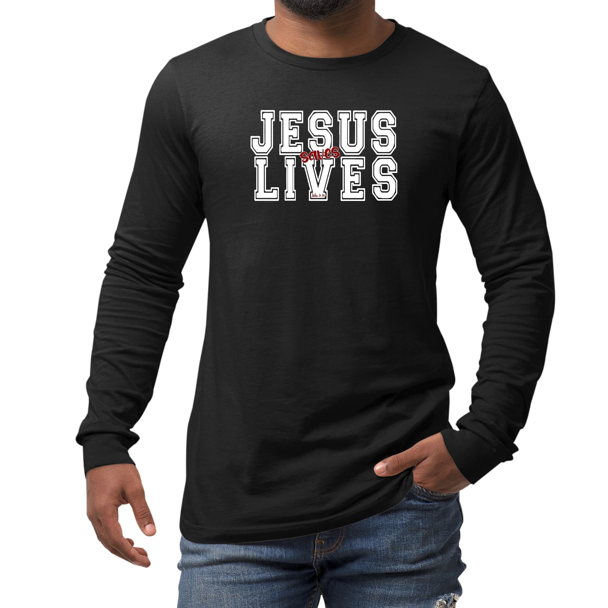 Long Sleeve Graphic T-shirt - Jesus Saves Lives White Red Illustration