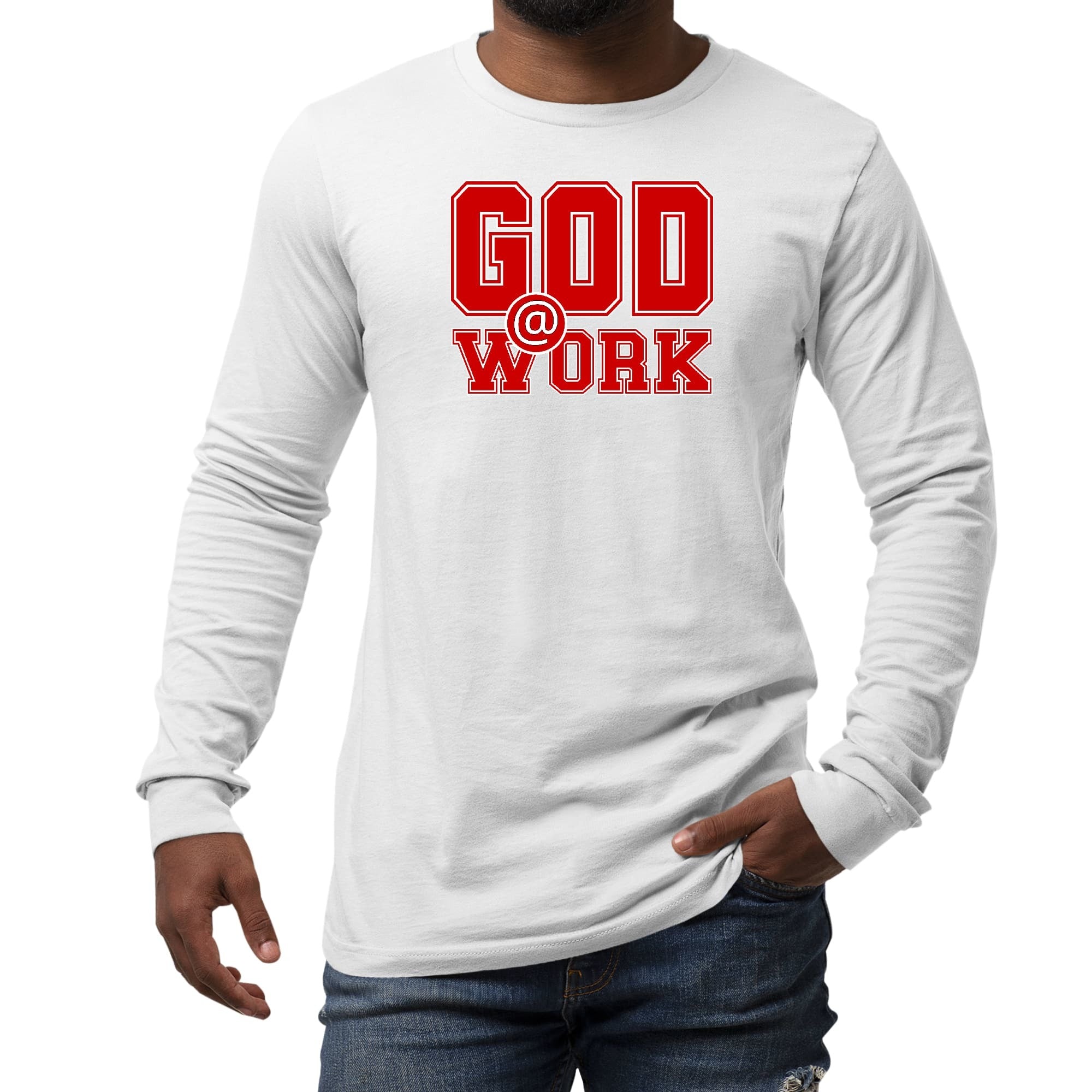 Long Sleeve Graphic T-shirt, God @ Work Red And White Print