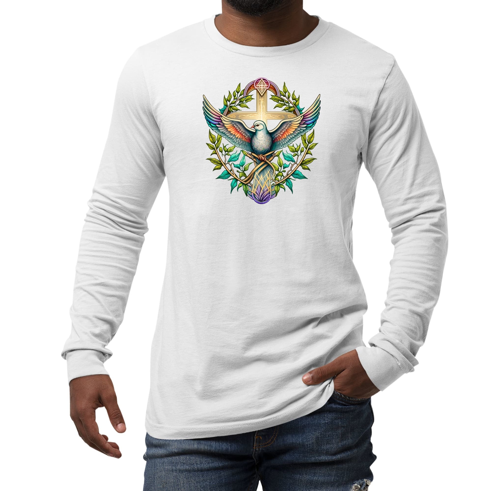 Long Sleeve Graphic T-shirt, Blue Green Multicolor Dove Floral