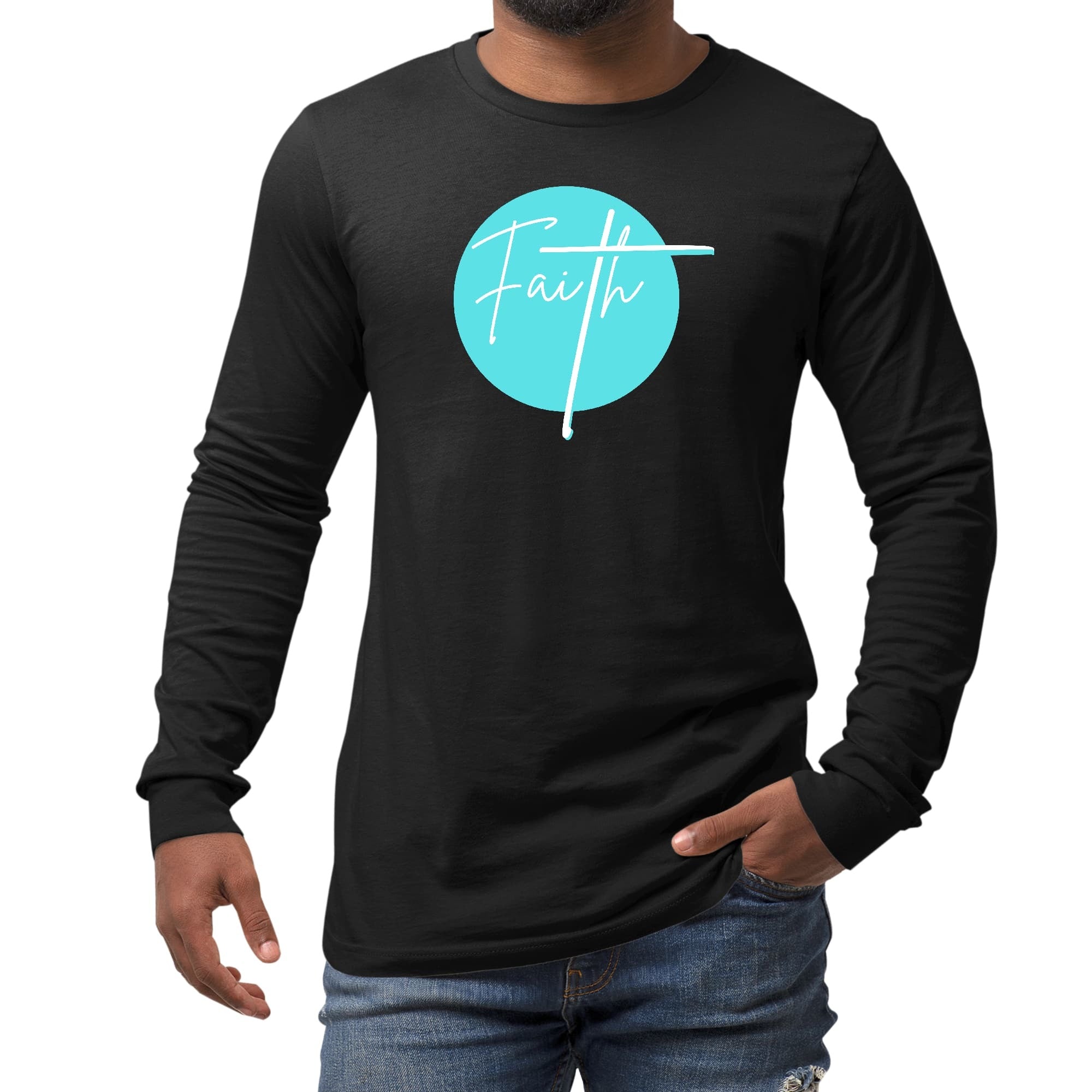 Long Sleeve Graphic T-shirt - Faith - Christian Affirmation - Cyan