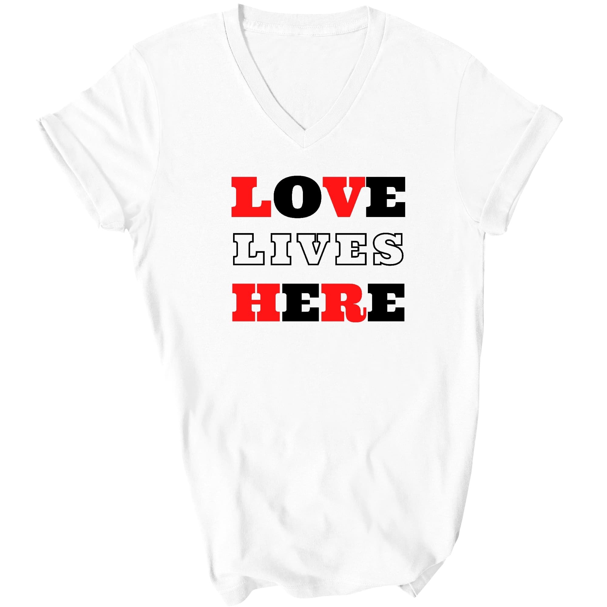 Love Lives Here Christian Red Black Illustration Graphic V-neck