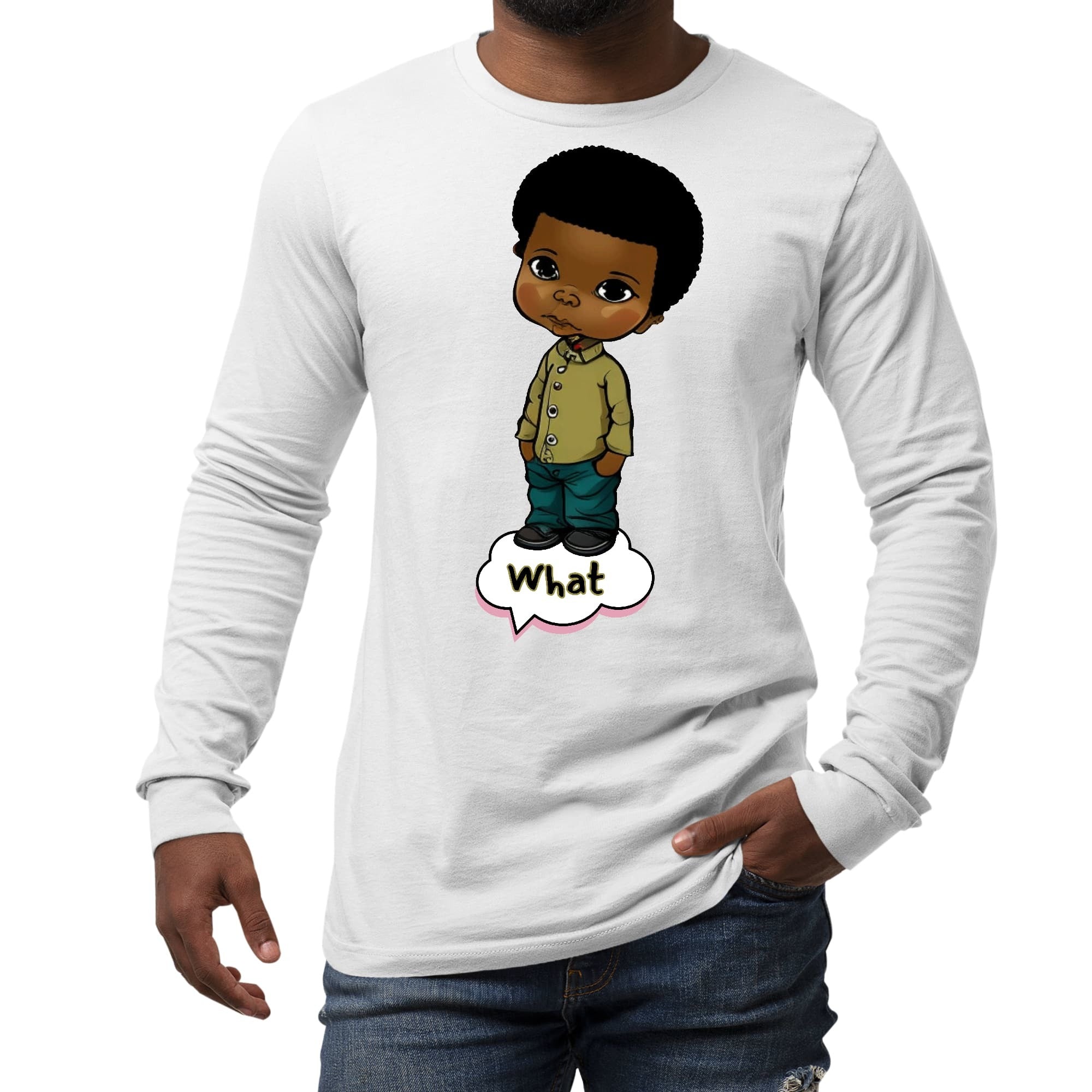 Long Sleeve Graphic T-shirt, What, African American Boy Illustration