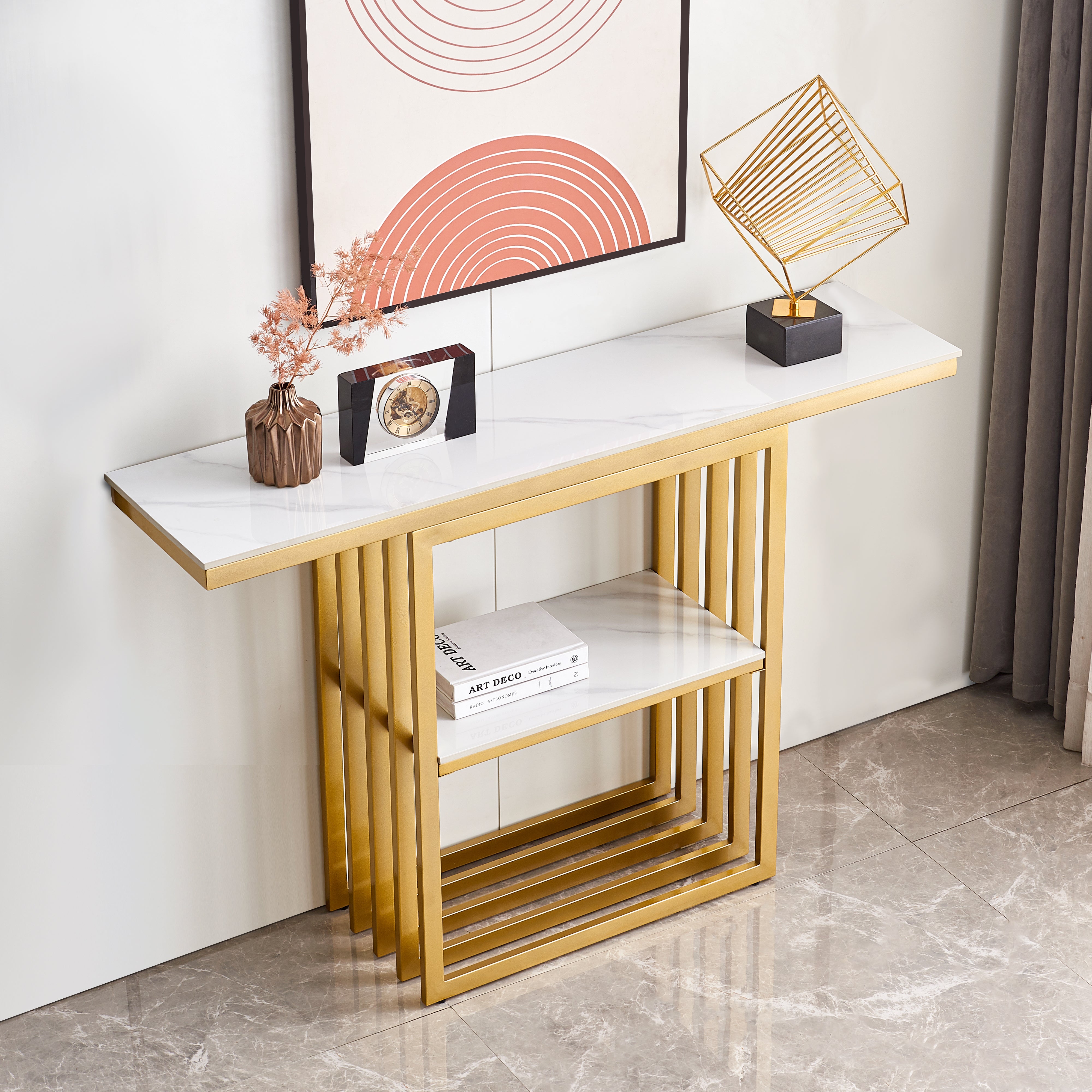 47.2"Modern Console Table, Metal Frame with Adjustable foot pads for Entrance, Corridor, Living room & Office.(Gold)