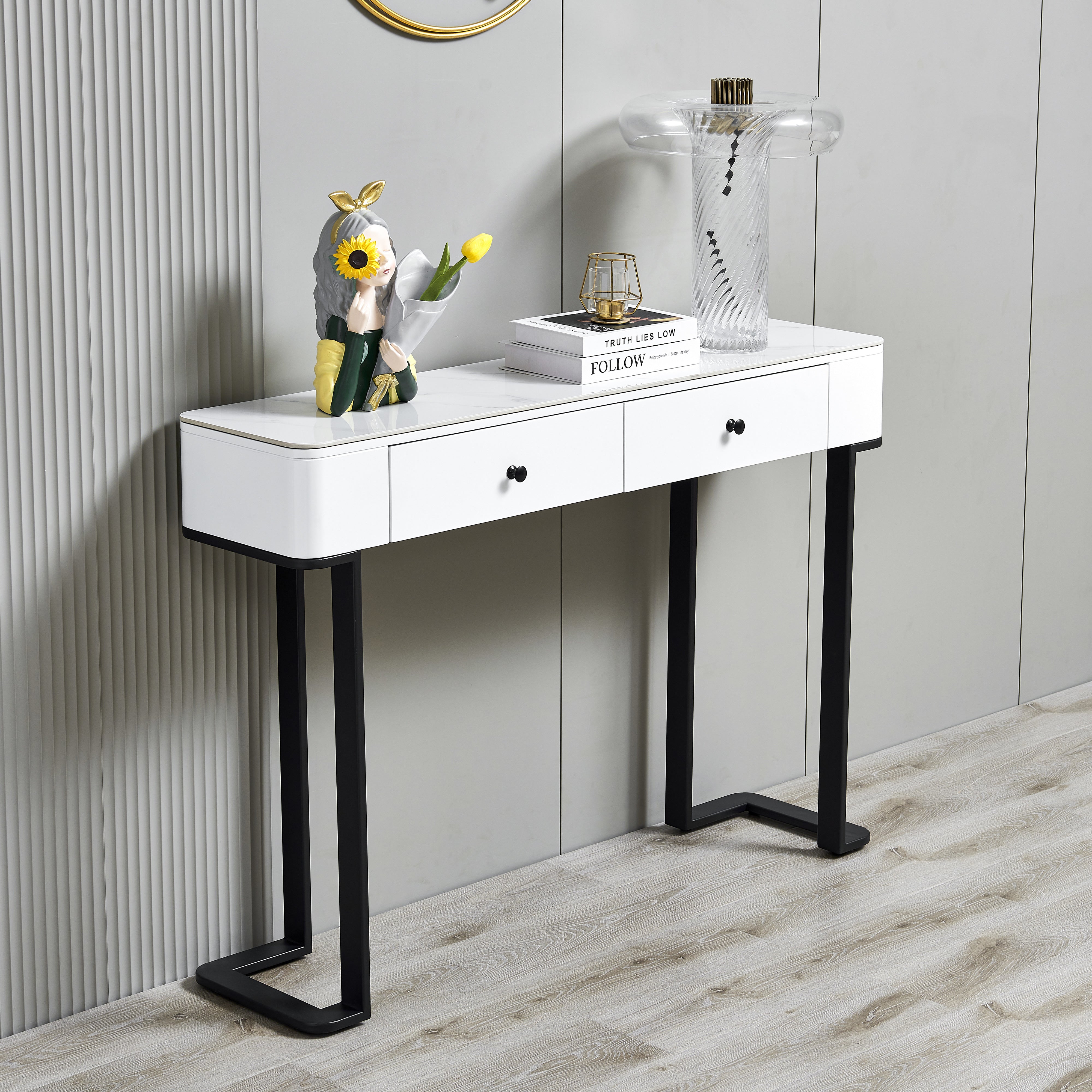 47.2"Modern Console Table with storing space,Exquisite shape design, Metal Frame with Adjustable foot pads for Entrance, Corridor, Living room & Office.(Black)