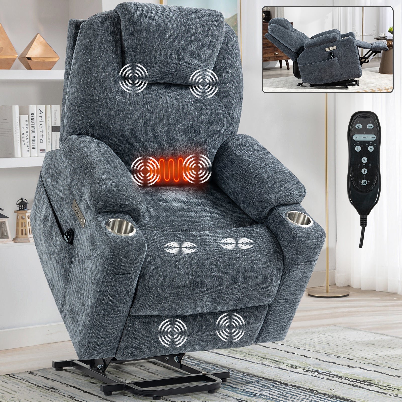 Okin motor Up to 350 LBS Chenille Power Lift Recliner Chair, Heavy Duty Motion Mechanism with 8-Point Vibration Massage and Lumbar Heating, USB and Type-C Ports, Stainless Steel Cup Holders, Blue