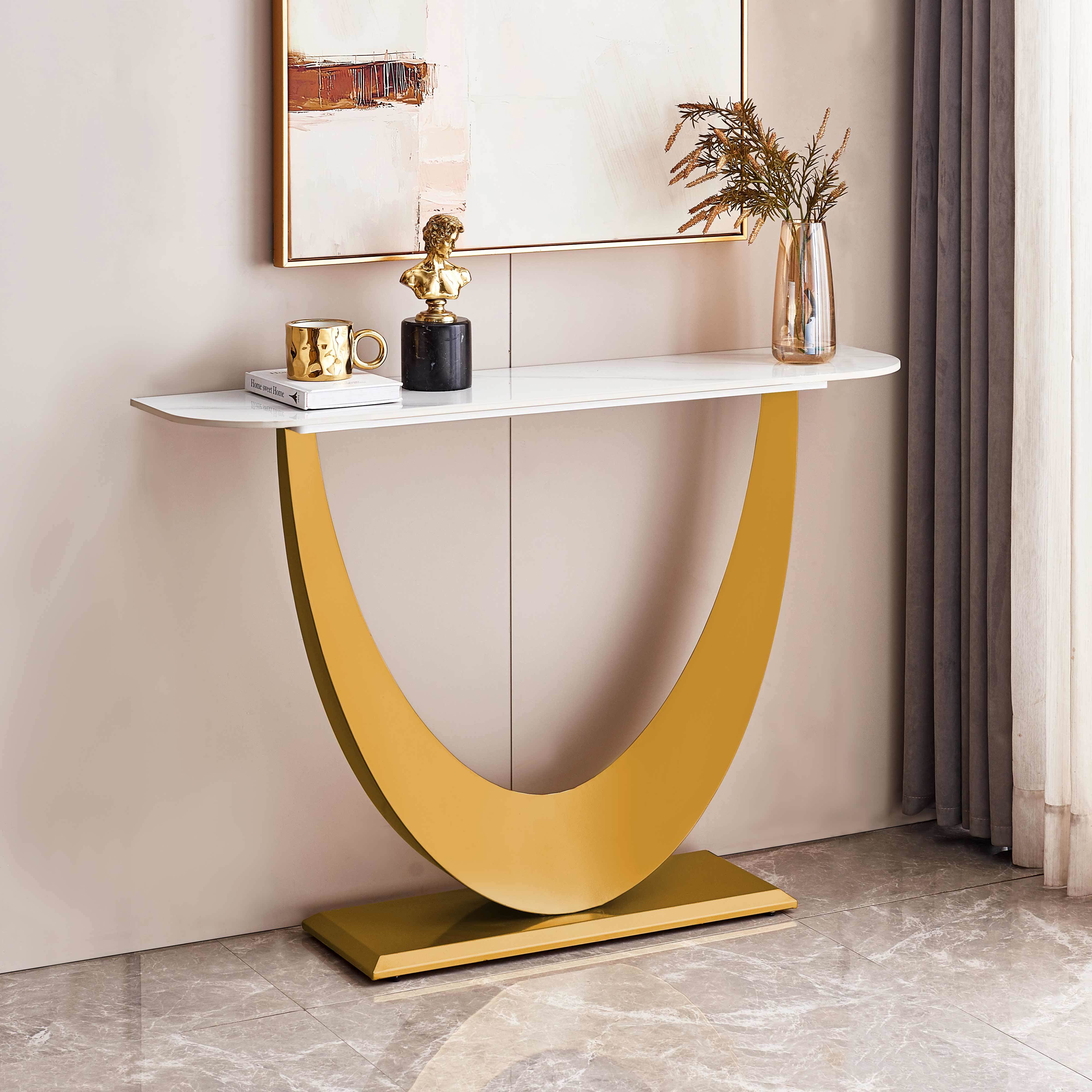 Modern Console Table, Exquisite shape design, Metal Frame with Adjustable foot pads for Entrance, Corridor, Living room & Office.(Gold)