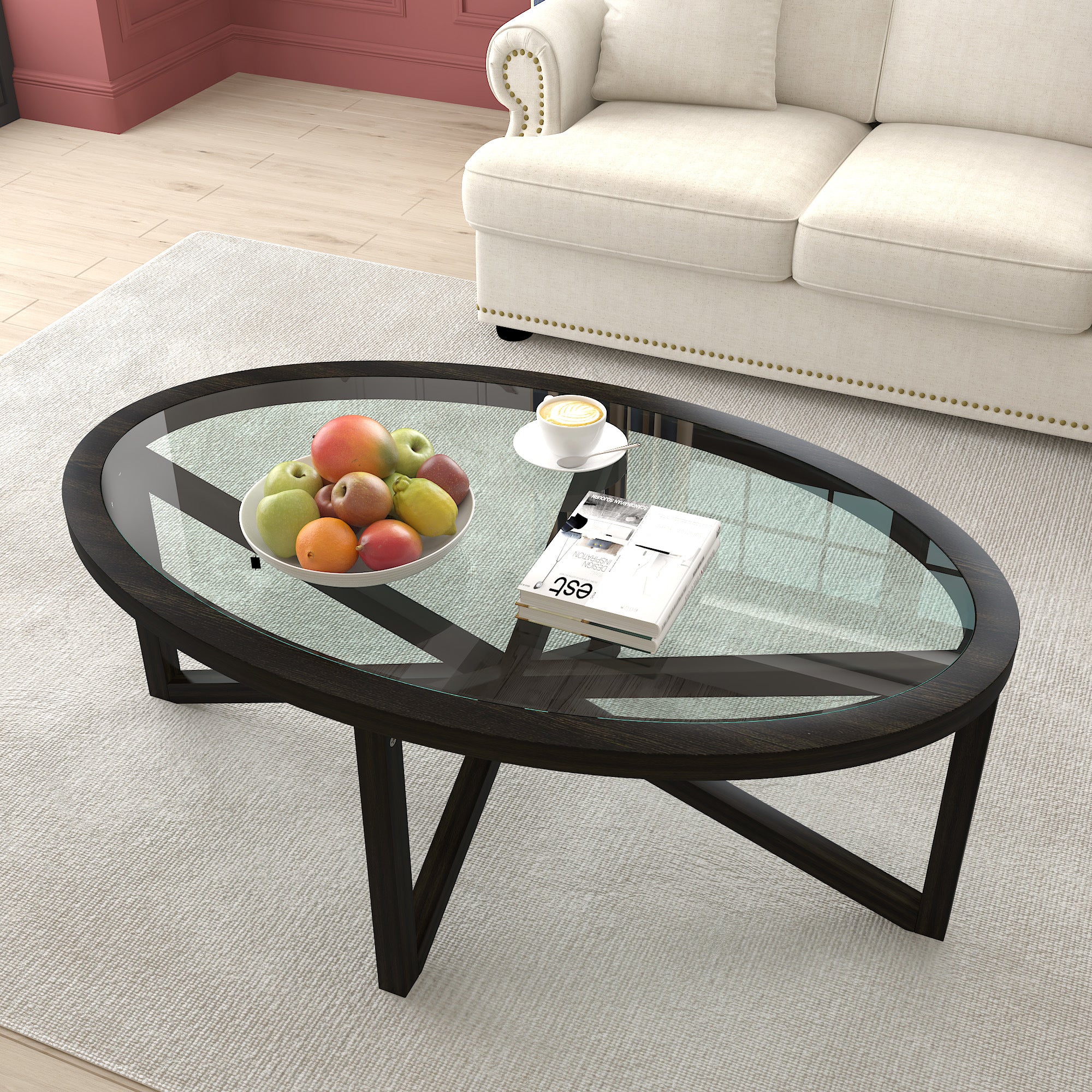 Modern simple glass coffee table, tempered glass coffee table solid wood base round transparent glass top modern living room terrace study coffee table