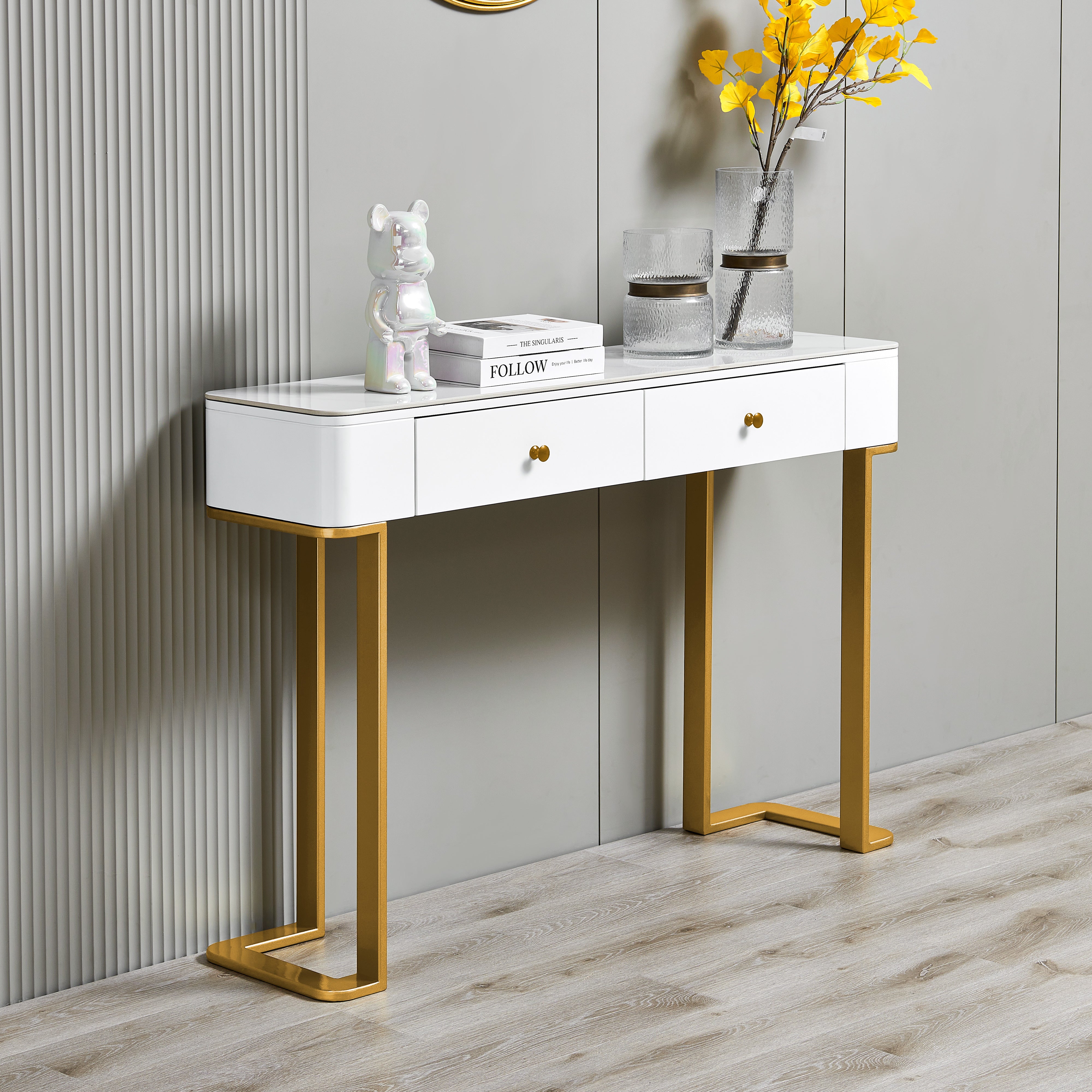 47.2"Modern Console Table with storing space,Exquisite shape design, Metal Frame with Adjustable foot pads for Entrance, Corridor, Living room & Office.(Gold)