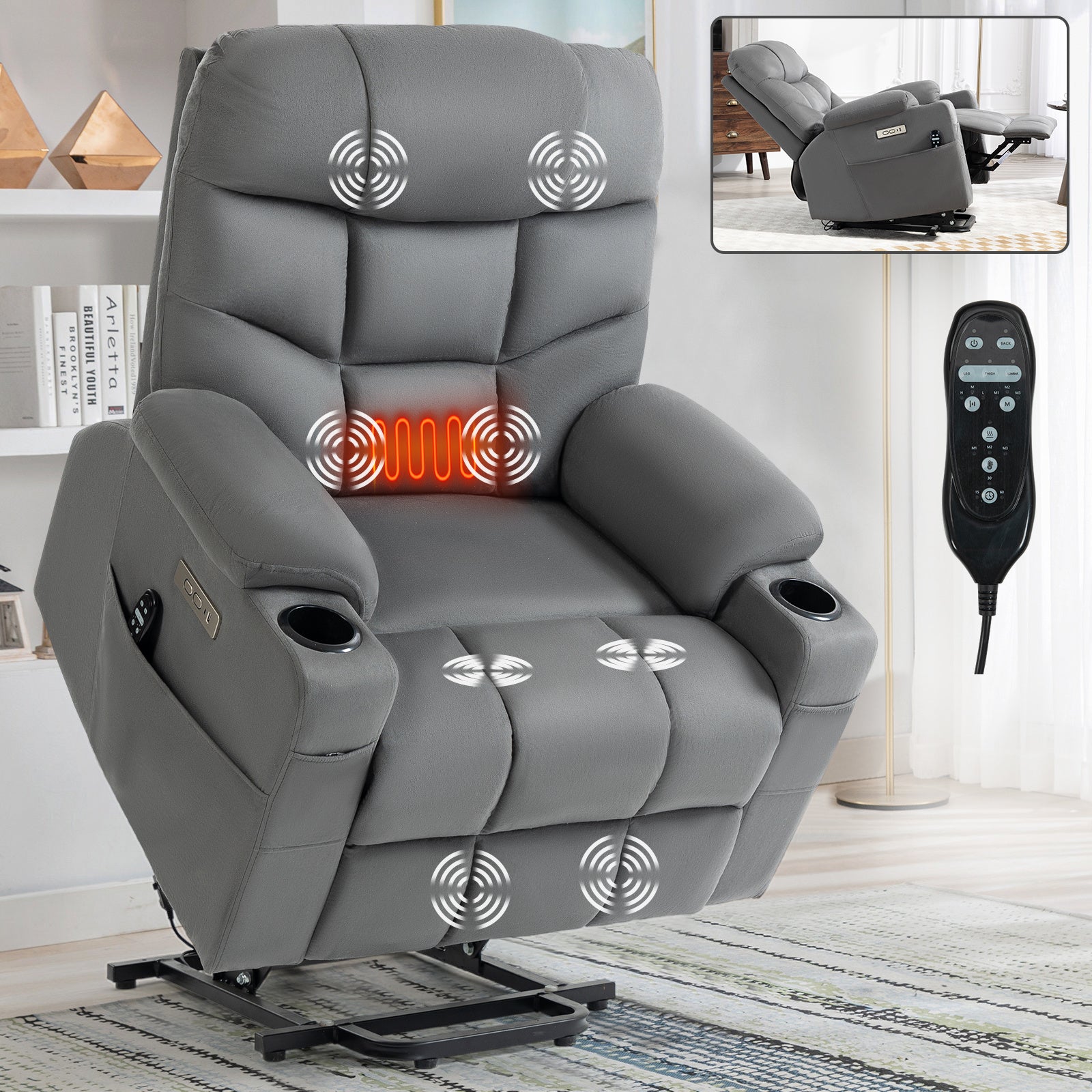 Okin Motor Up to 350 LBS Power Lift Recliner Chair, Heavy Duty Motion Mechanism with 8-Point Vibration Massage and Lumbar Heating, Cup Holders, USB and Type-C Ports, Removable Cushions, Grey