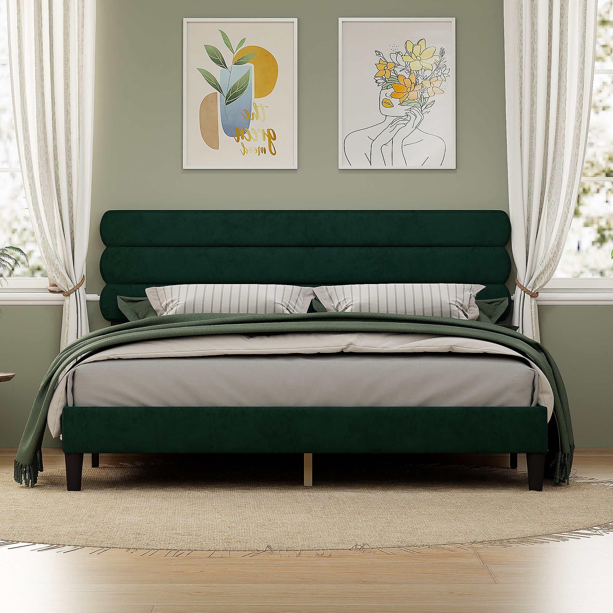 King Bed Frame with Headboard,Sturdy Platform Bed with Wooden Slats Support,No Box Spring,Mattress Foundation,Easy Assembly Green