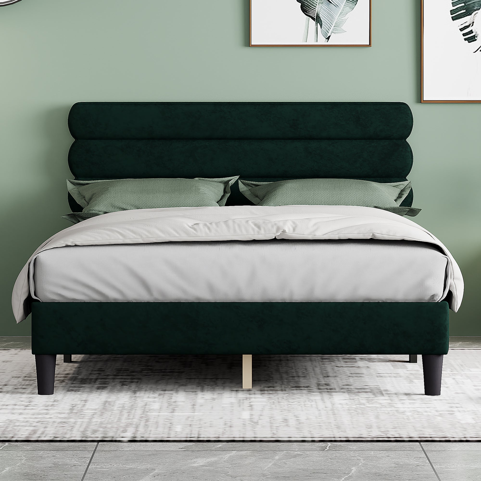 Queen Bed Frame with Headboard,Sturdy Platform Bed with Wooden Slats Support,No Box Spring,Mattress Foundation,Easy Assembly Green