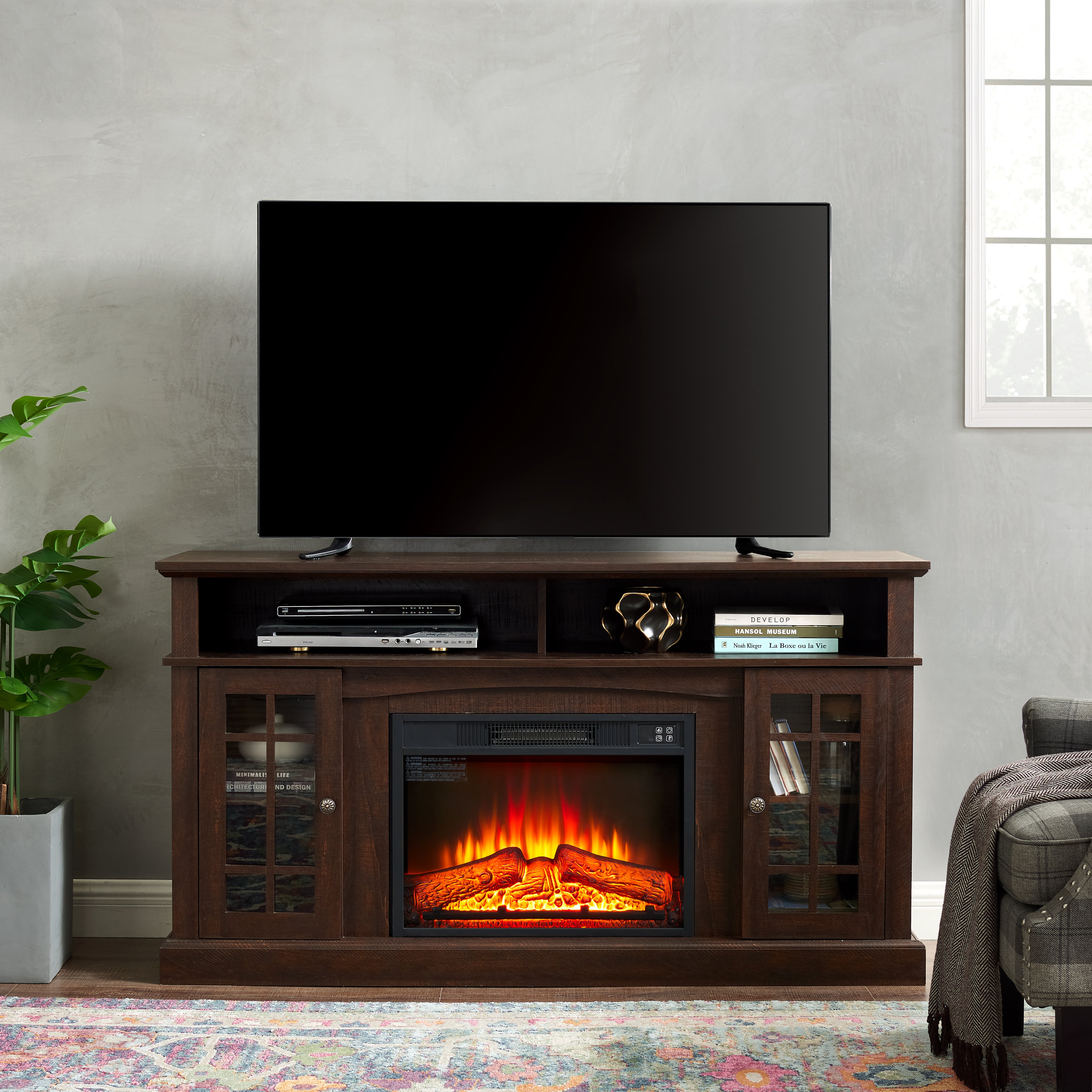 Classic TV Media Stand Modern Entertainment Console with 23" Fireplace Insert for TV Up to 65" with Open and Closed Storage Space, Espresso, 58.25"W*15.75"D*32"H