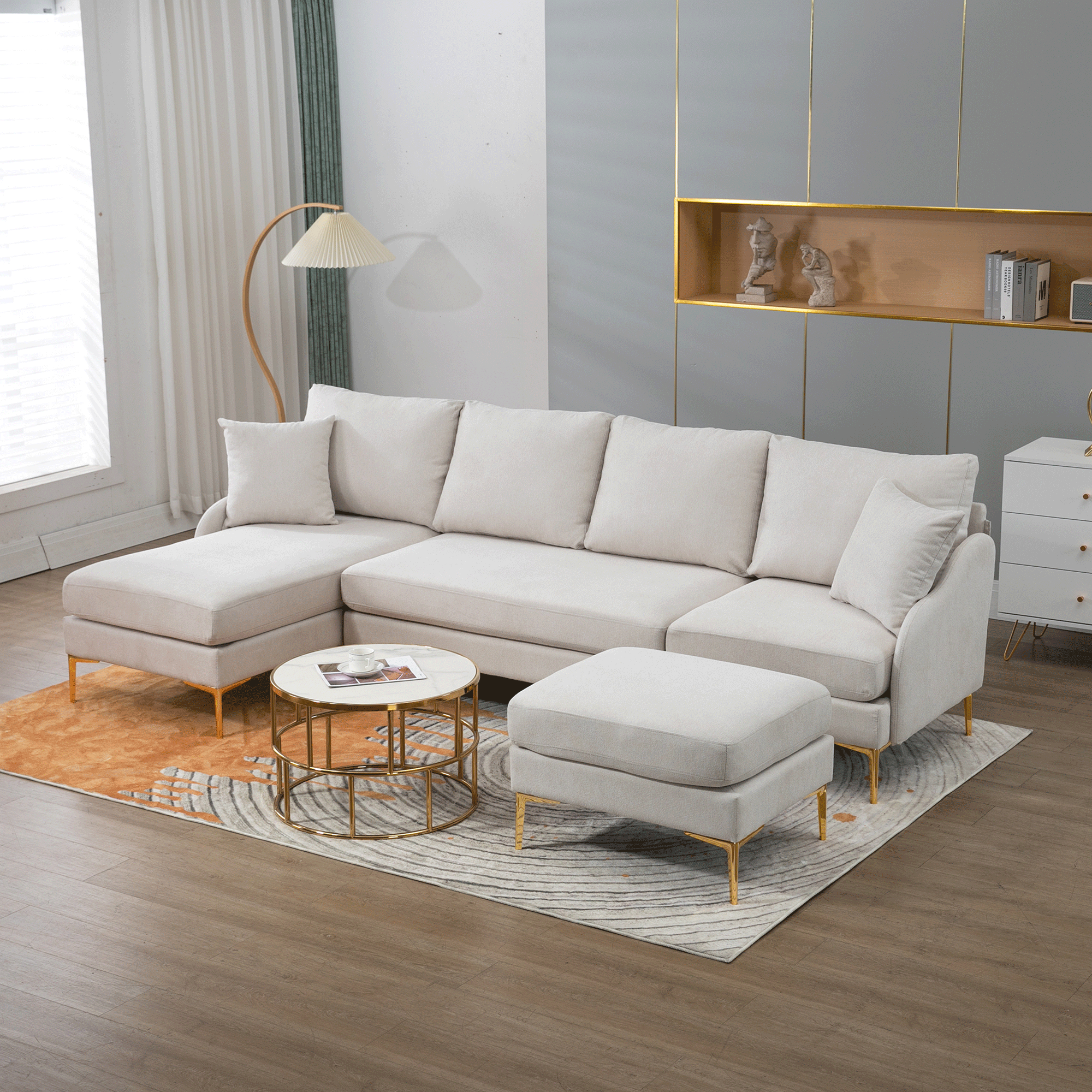 110'' Wide Reversible Left or Right Chaise of Sectional Sofa U-Shape Convertible Sofa Couch 4-Seat Couch with Chaise Lounge Upholstered for Living Room, Apartment, Office, Beige Polyester Blend