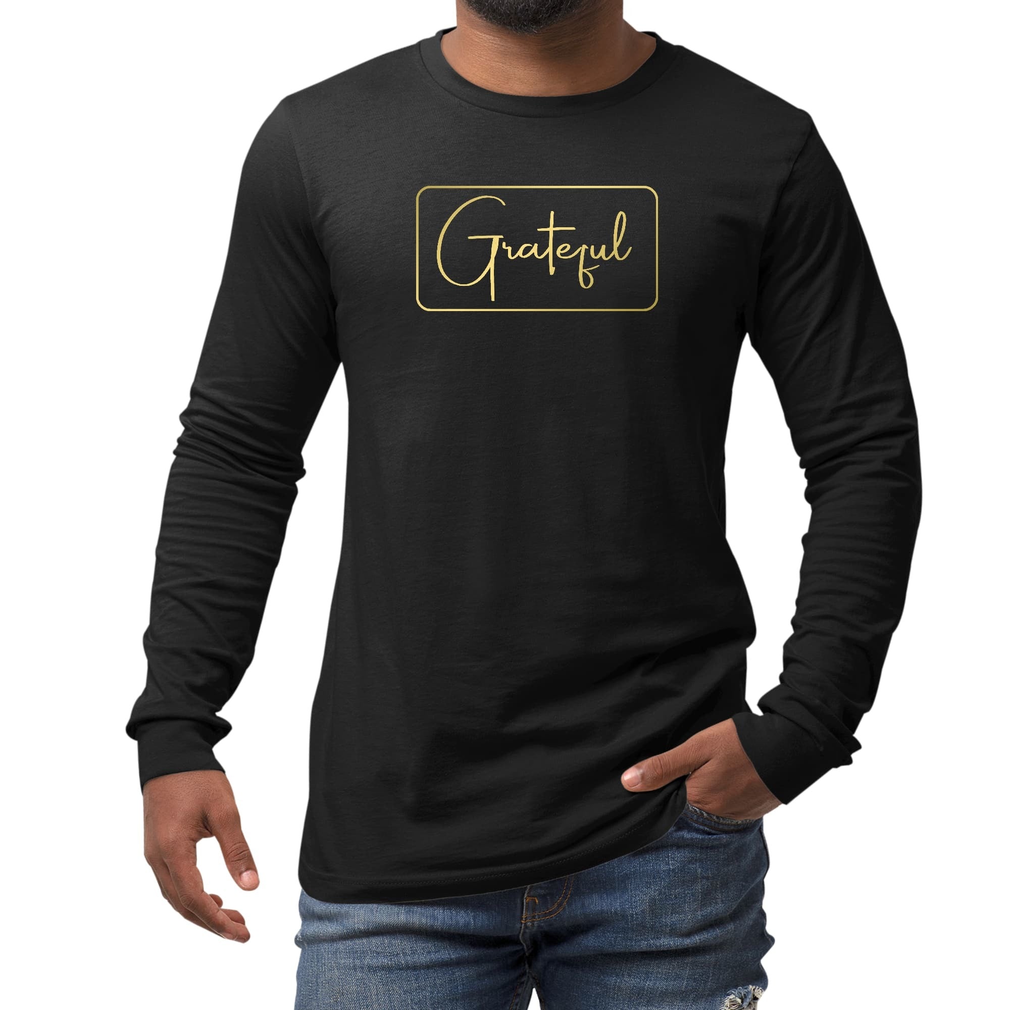 Long Sleeve Graphic T-shirt - Grateful, Metallic Gold Illustration