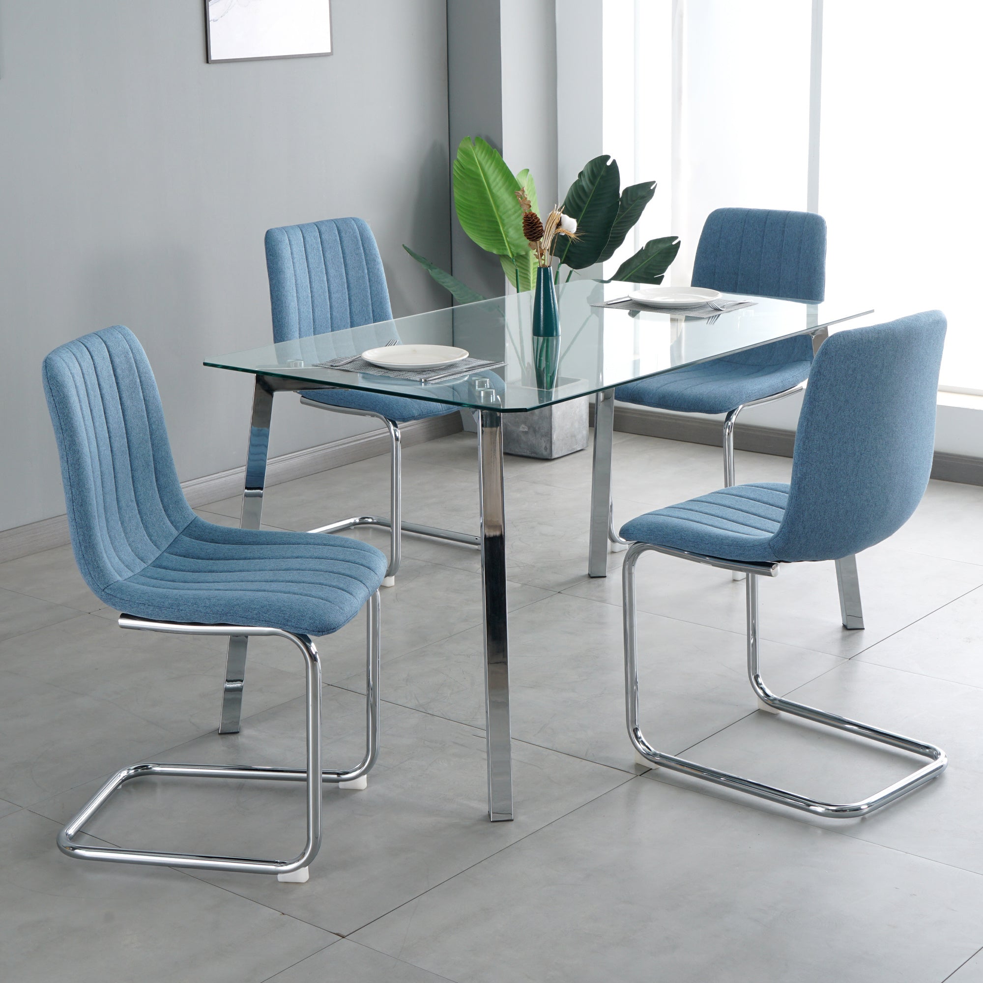 Dining furniture 63" Table with four chairs,0.3" Clear tempered glass with chrome metal legs,fabric chair with chrome metal legs.