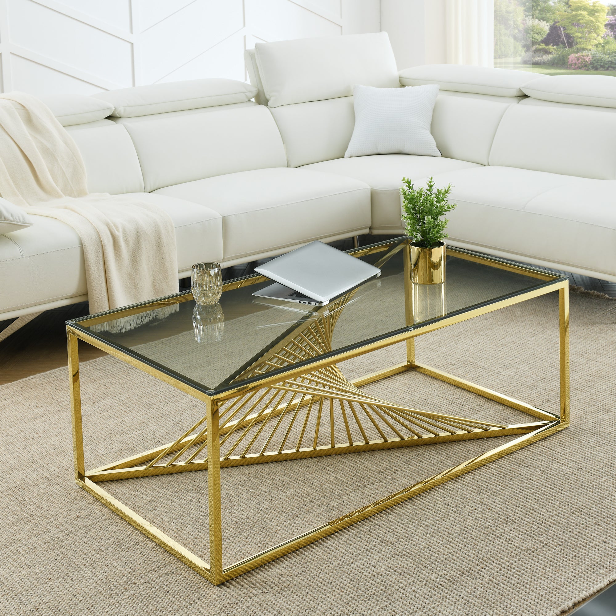 Modern Rectangular Coffee Accent Table with Clear Tempered Glass Top and Stainless Steel Frame for Living Room Bedroom - Gold