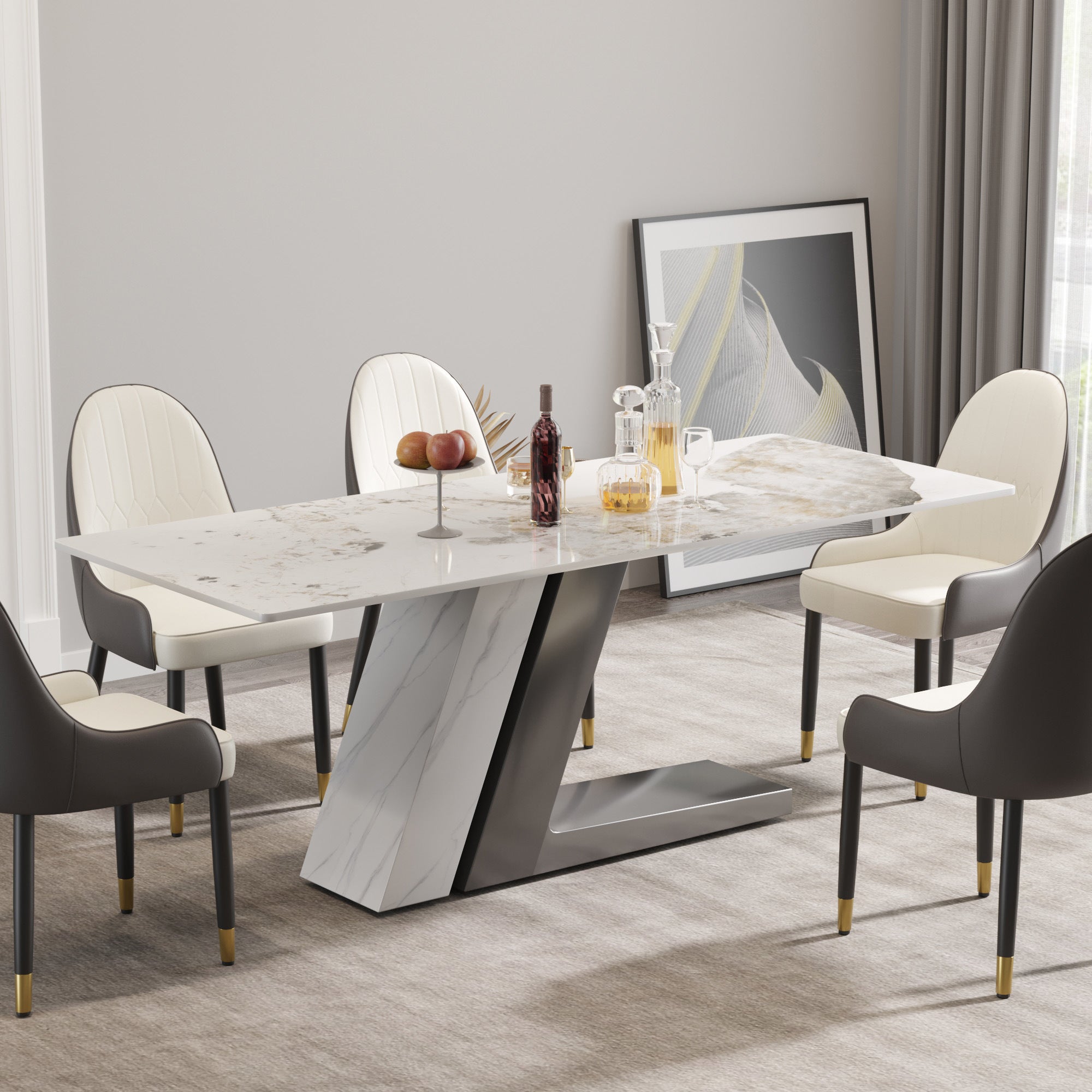 78.74"modern artificial stone Pandora straight panel, gray+white metal legs-can accommodate 8 people.(Not including chairs)