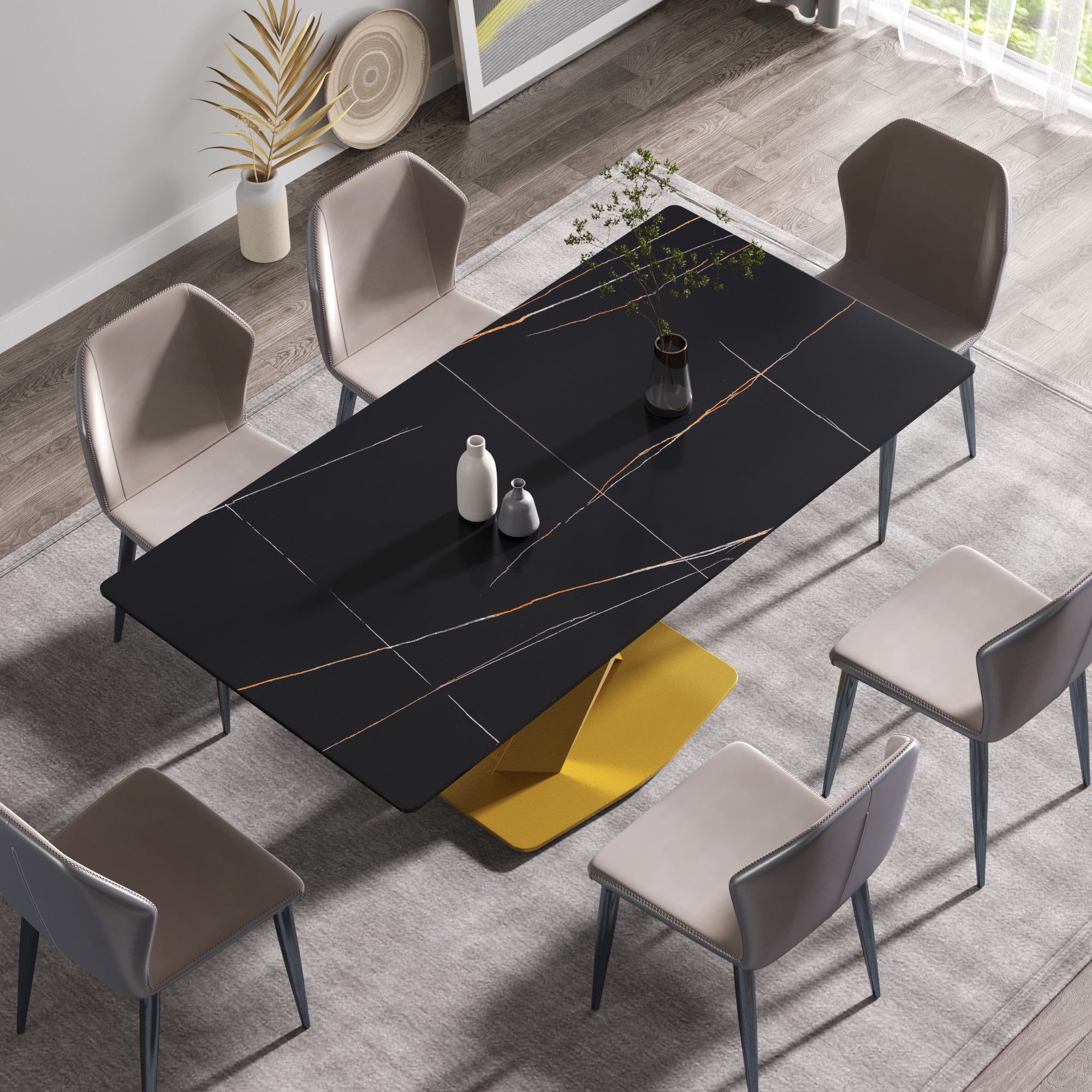 70.87" modern artificial stone black straight edge golden metal leg dining table-can accommodate 6-8 people