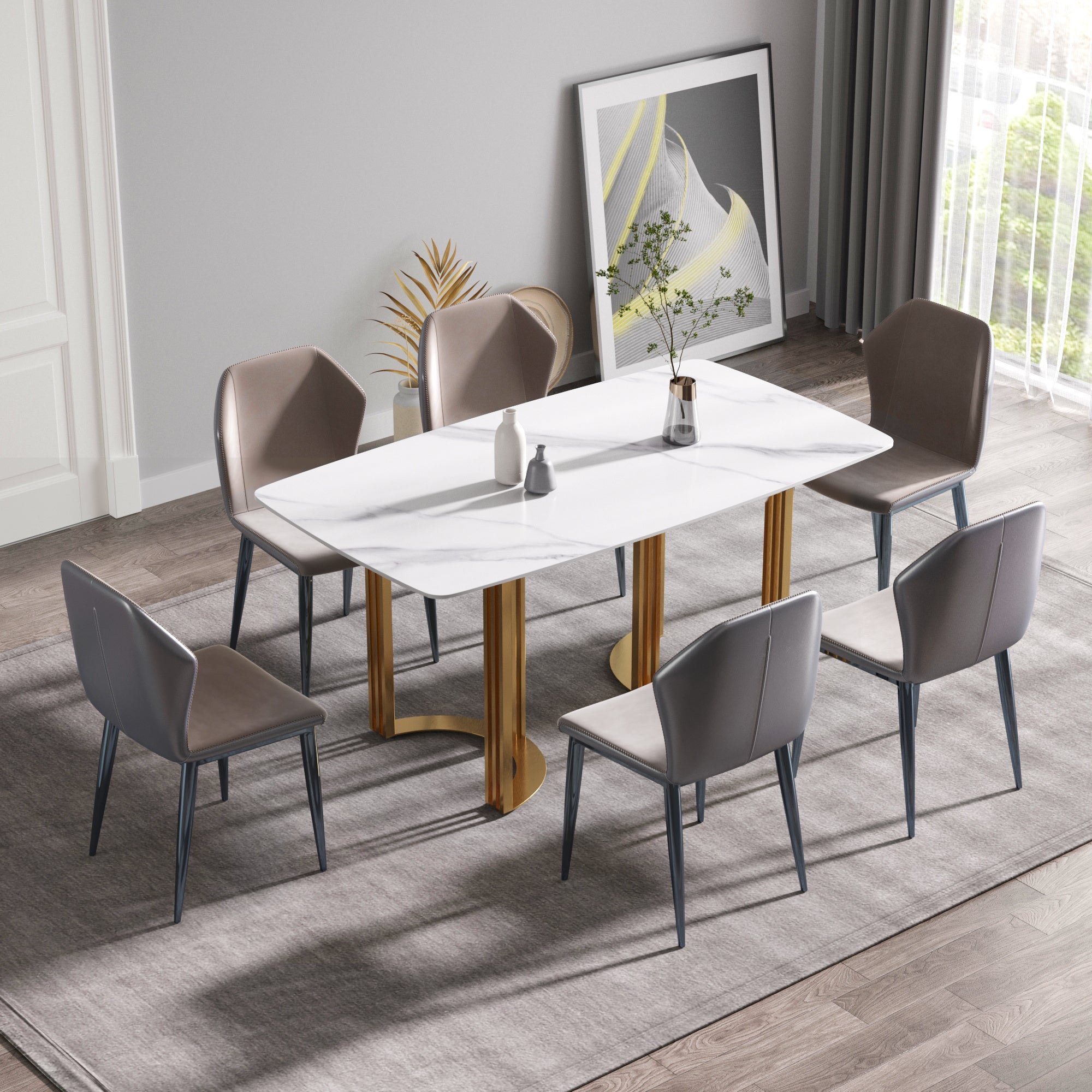 63"Modern artificial stone white curved golden metal leg dining table -6 people