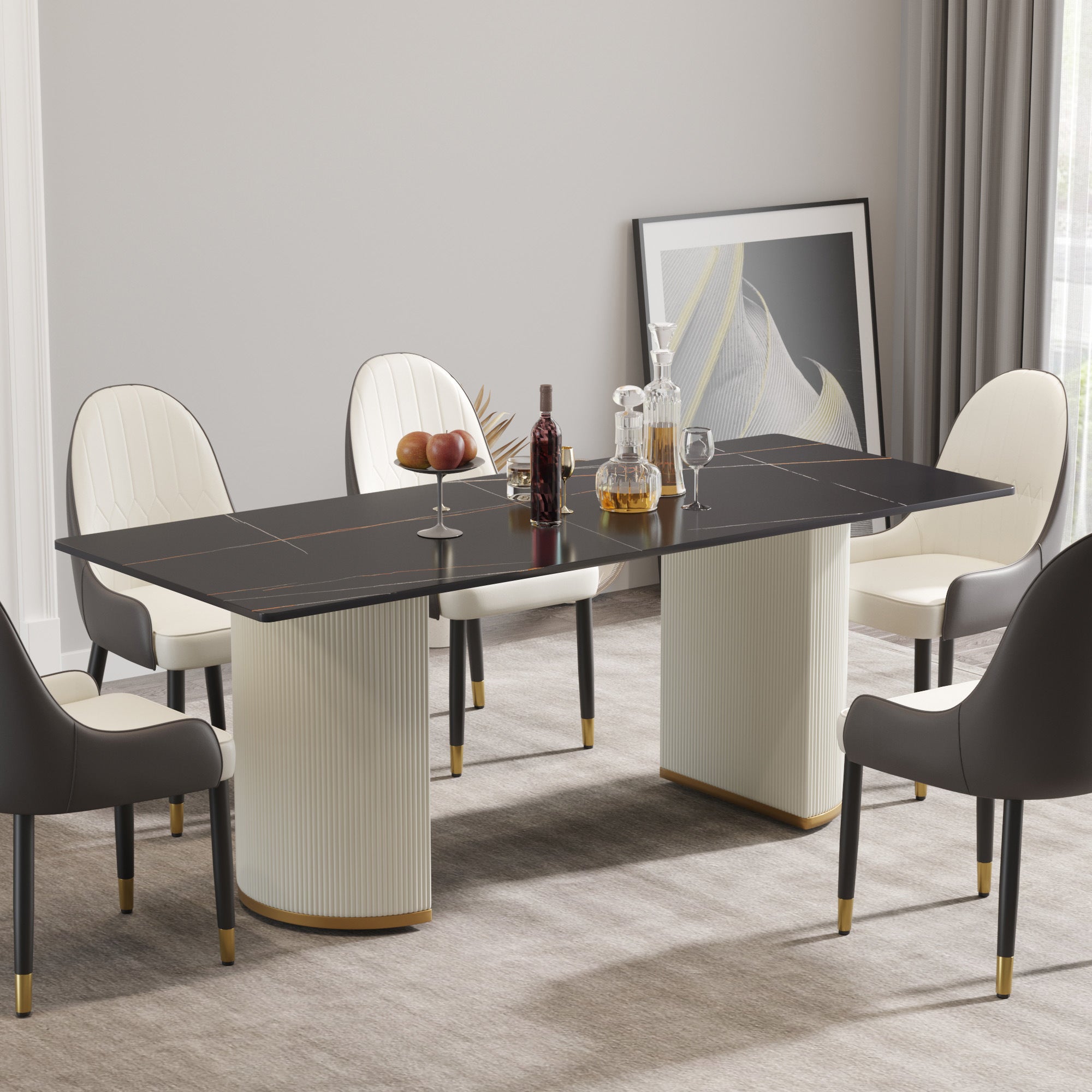 78.74 "modern artificial stone black panel beige PU plywood legs-can accommodate 8 people.