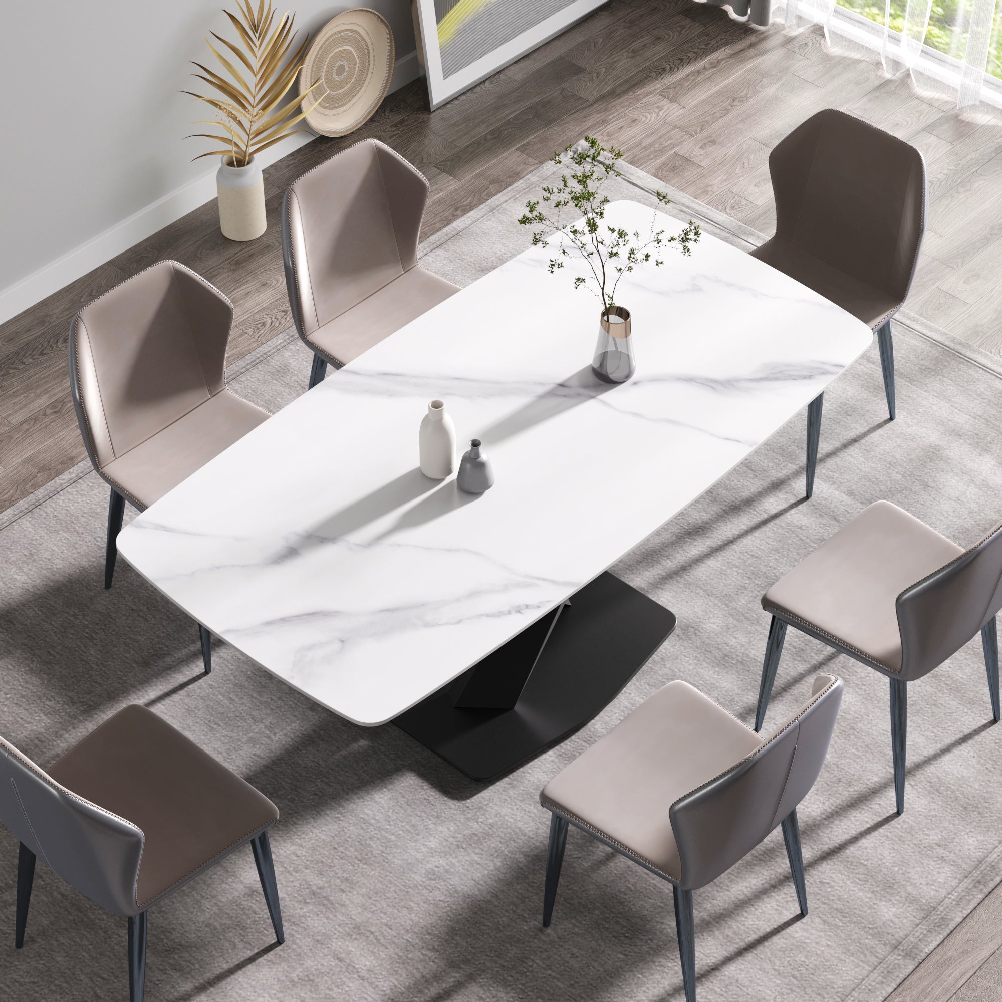 70.87"Modern artificial stone white curved black metal leg dining table-can accommodate 6-8 people