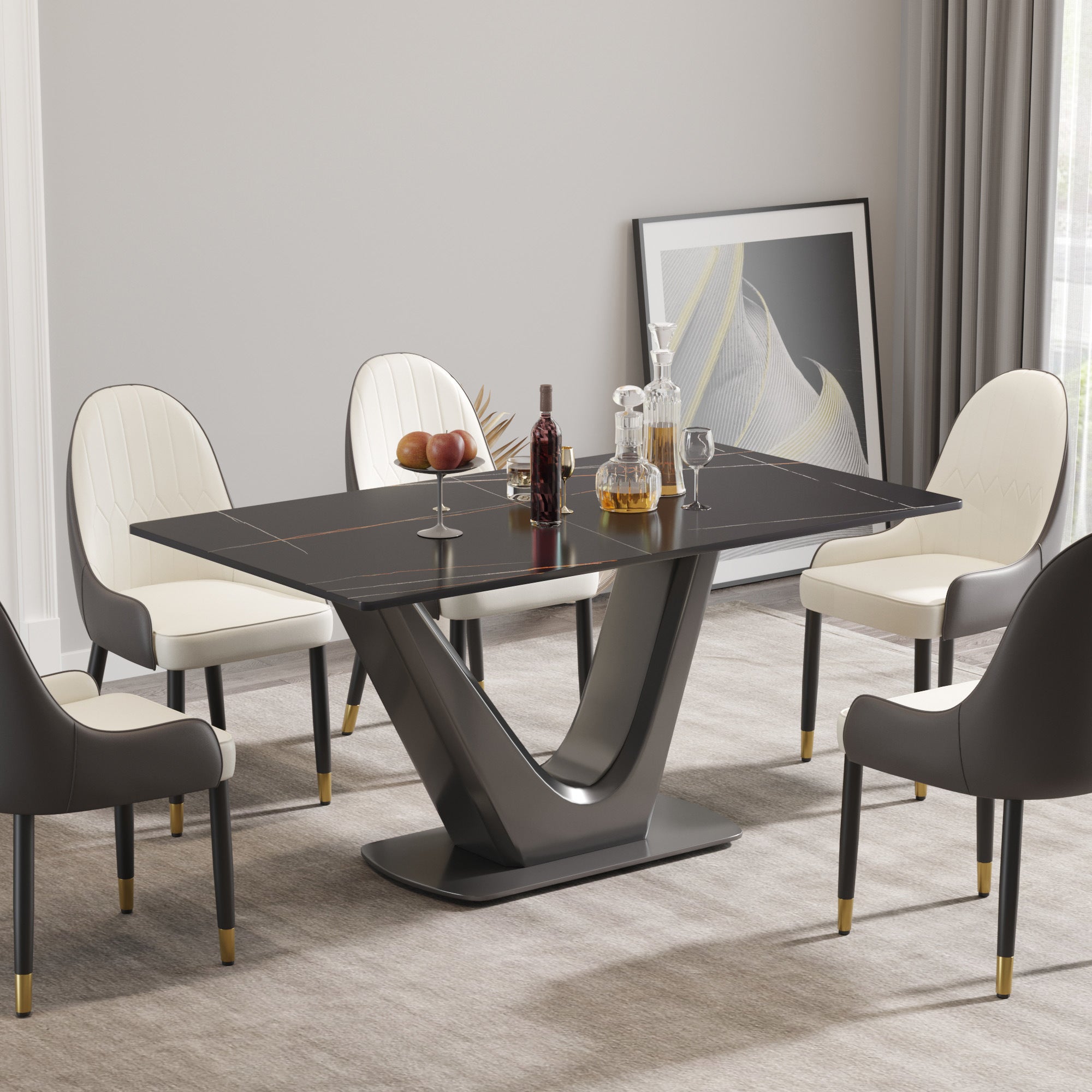 63 "modern artificial stone black panel gray V-shaped metal legs-can accommodate 6-8 people.