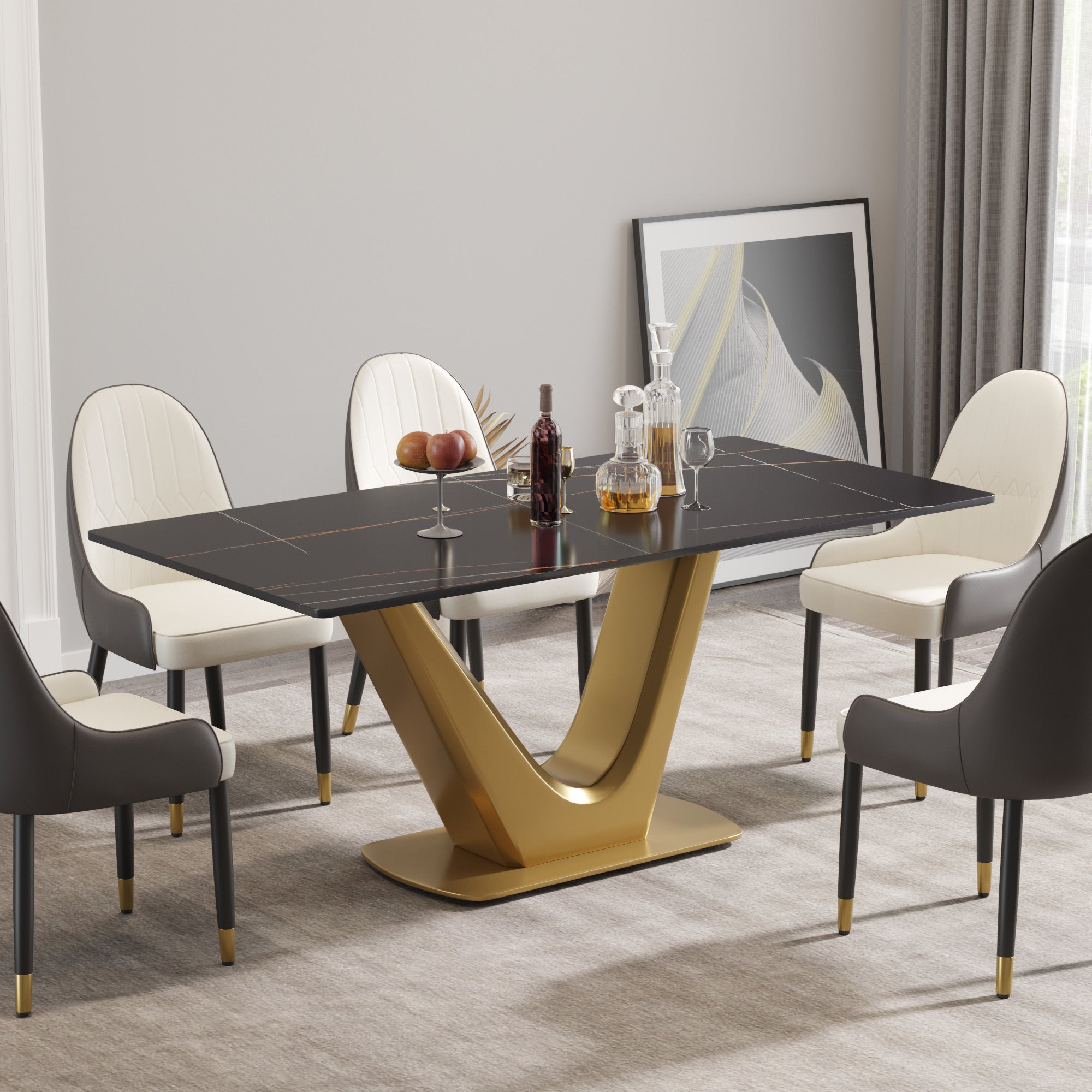 70.84 "modern artificial stone black panel golden V-shaped metal legs-can accommodate 6-8 people.