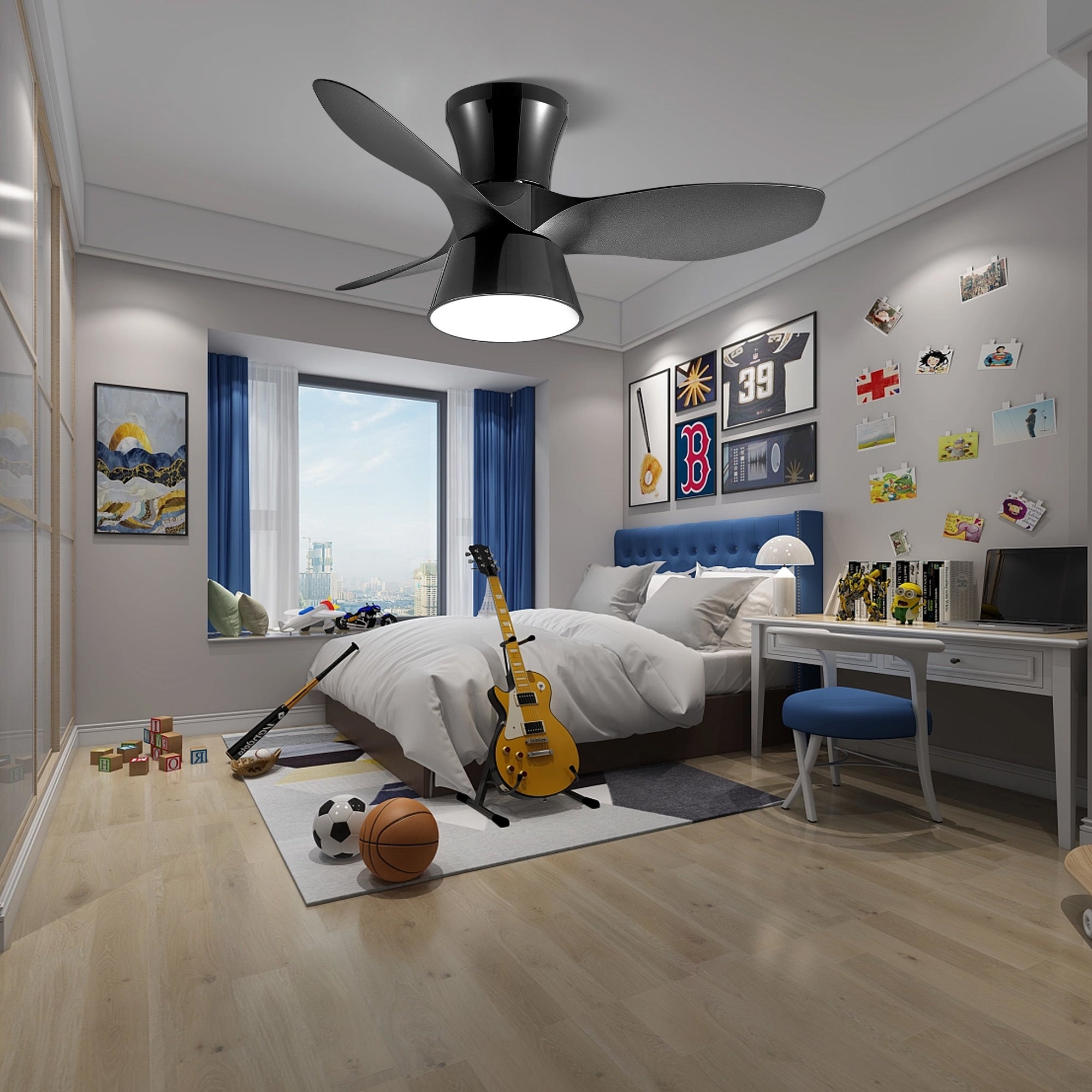 32 Inch Black Flush Mount Ceiling Fan with Light