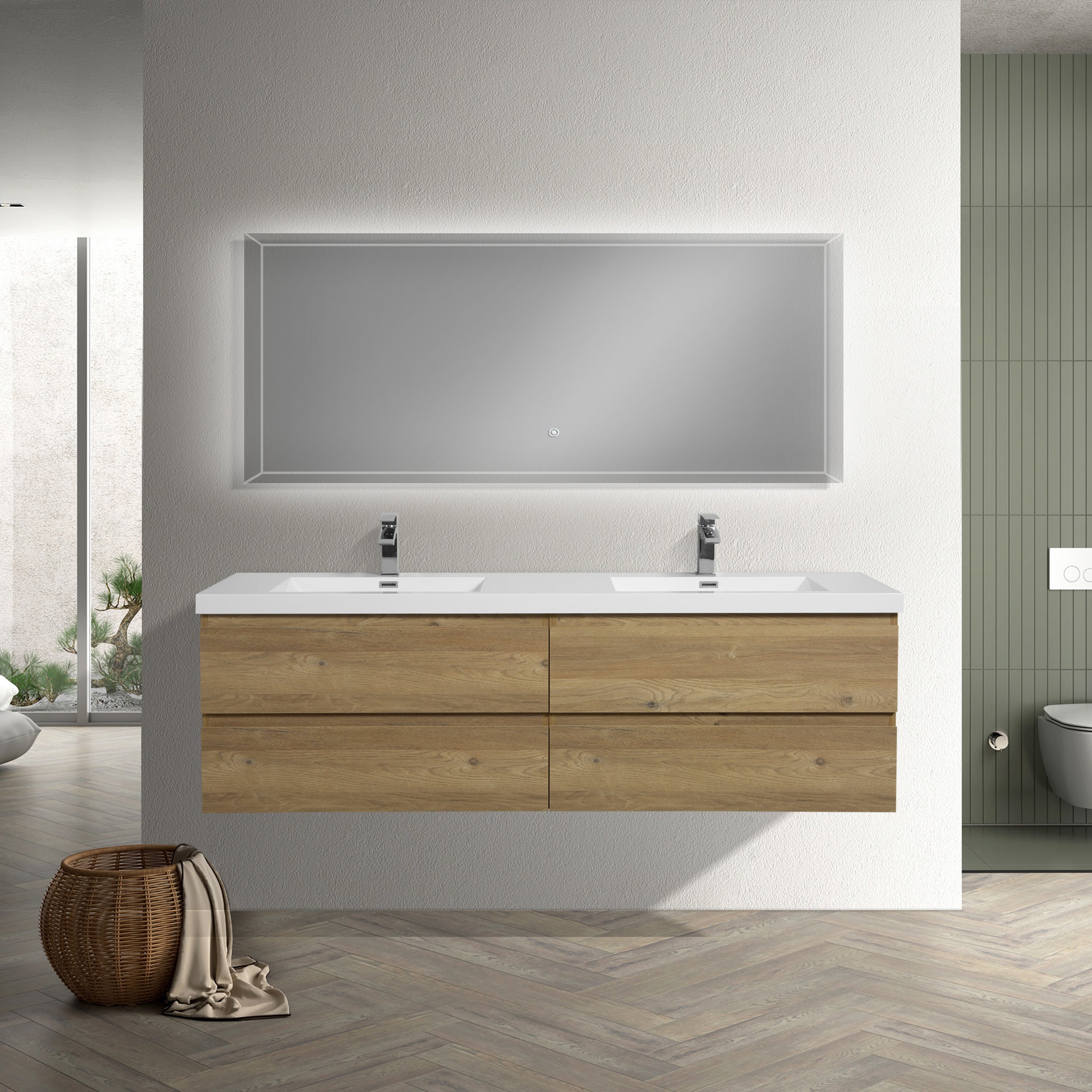 71'' Wall Mounted Double Bathroom Vanity in Natural Wood With White Solid Surface Vanity Top