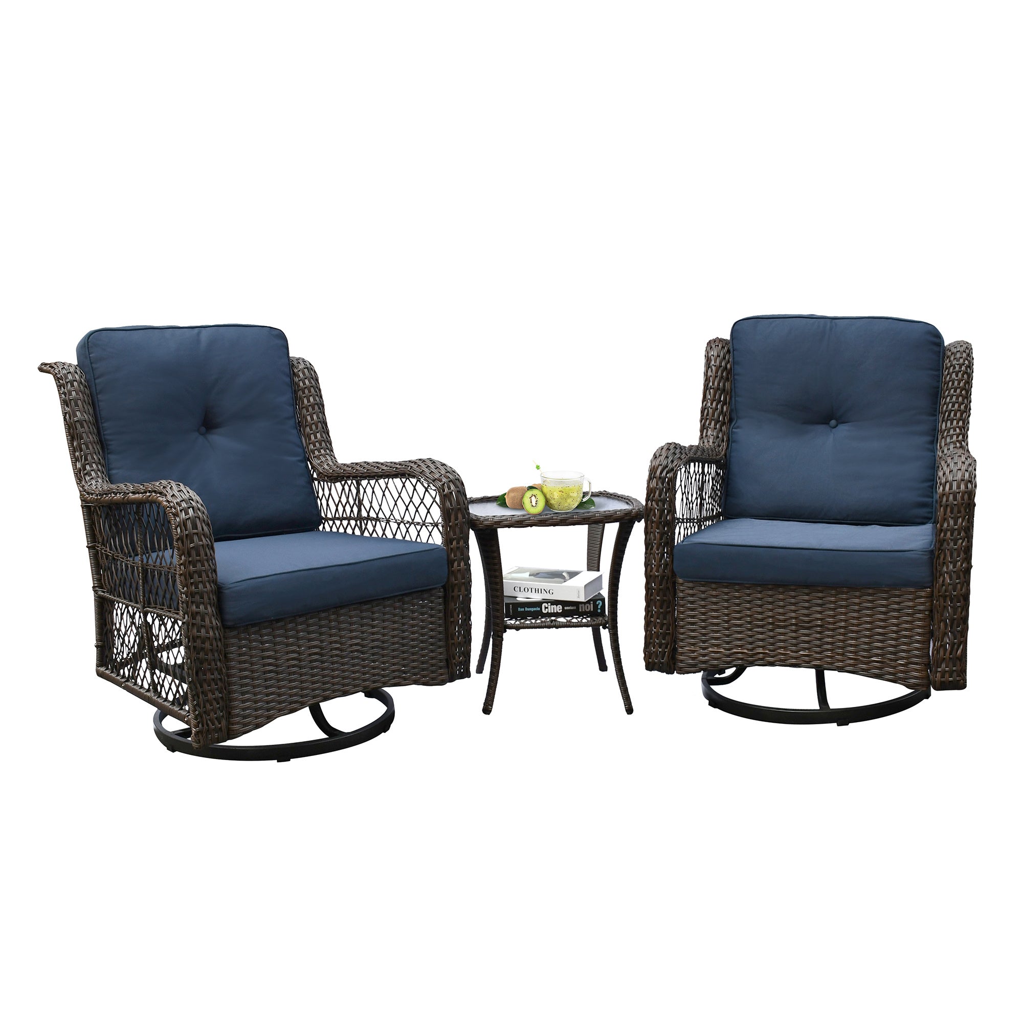 Outdoor Bistro Set 3 Pieces, Outdoor Resin Wicker Swivel Rocker Patio Chair, 360-Degree Swivel Rocking Chairs and Tempered Glass Top Side Coffee Table, Outdoor Rattan Conversation Sets (Navy Blue)