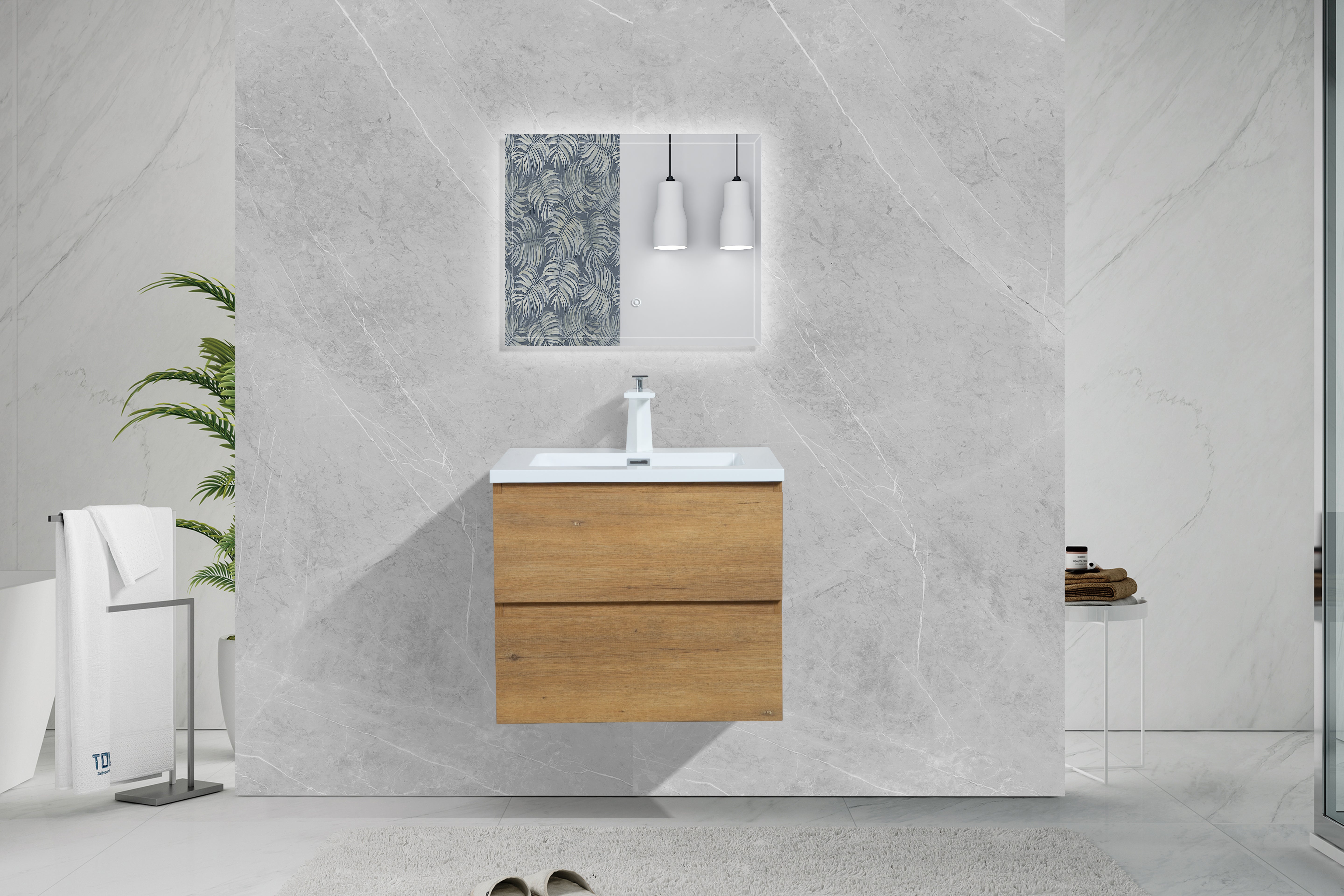 23.5'' Wall Mounted Single Bathroom Vanity in Natural Wood With Black Solid Surface Vanity Top