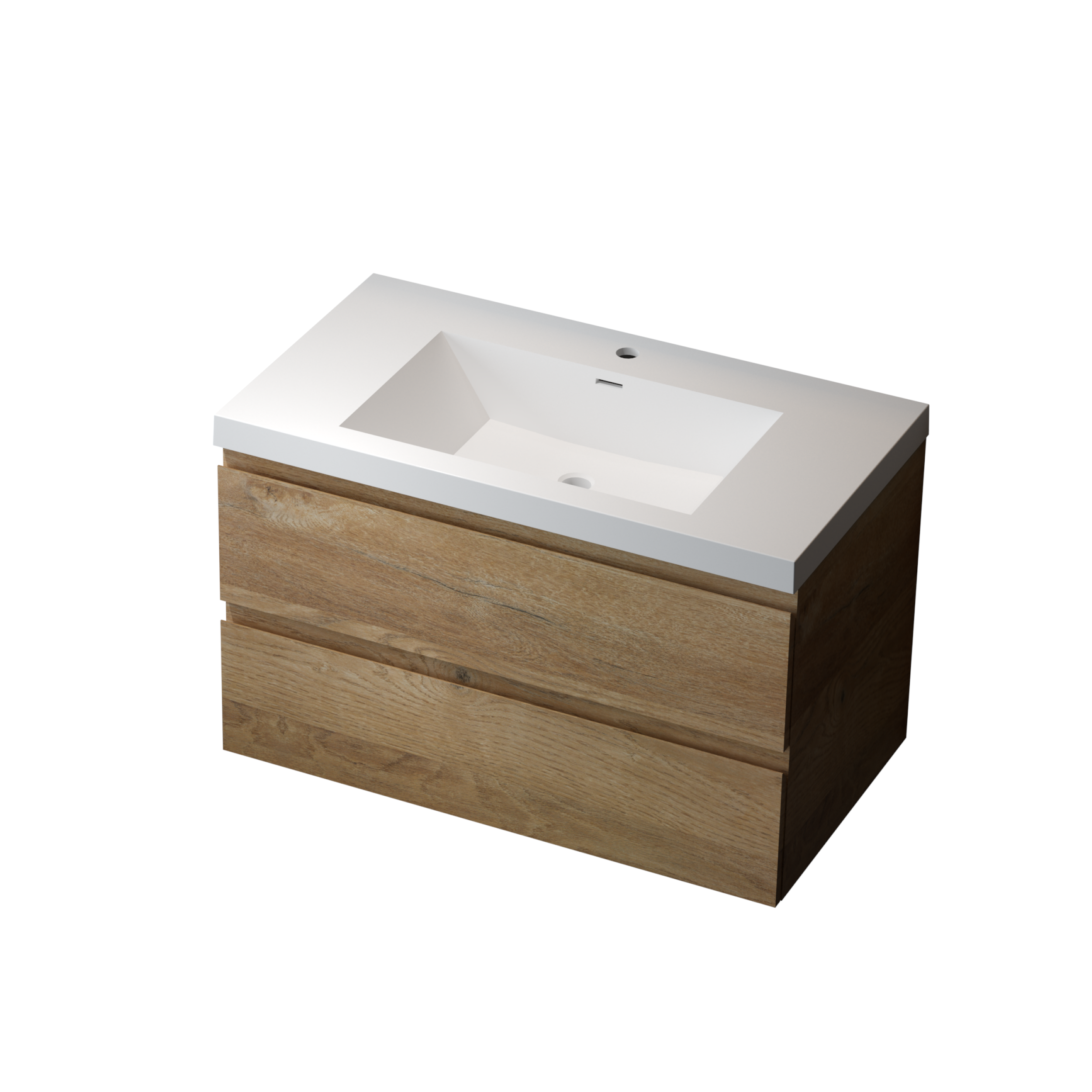 35'' Wall Mounted Single Bathroom Vanity in Natural Wood With White Solid Surface Vanity Top