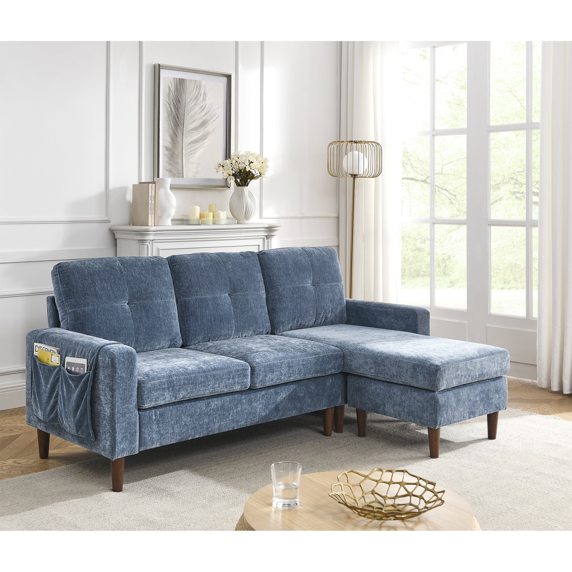 80" Convertible Sectional Sofa Couch, 3 Seats L-shape Sofa with Removable Cushions and Pocket, Rubber Wood Legs, Navy Chenille