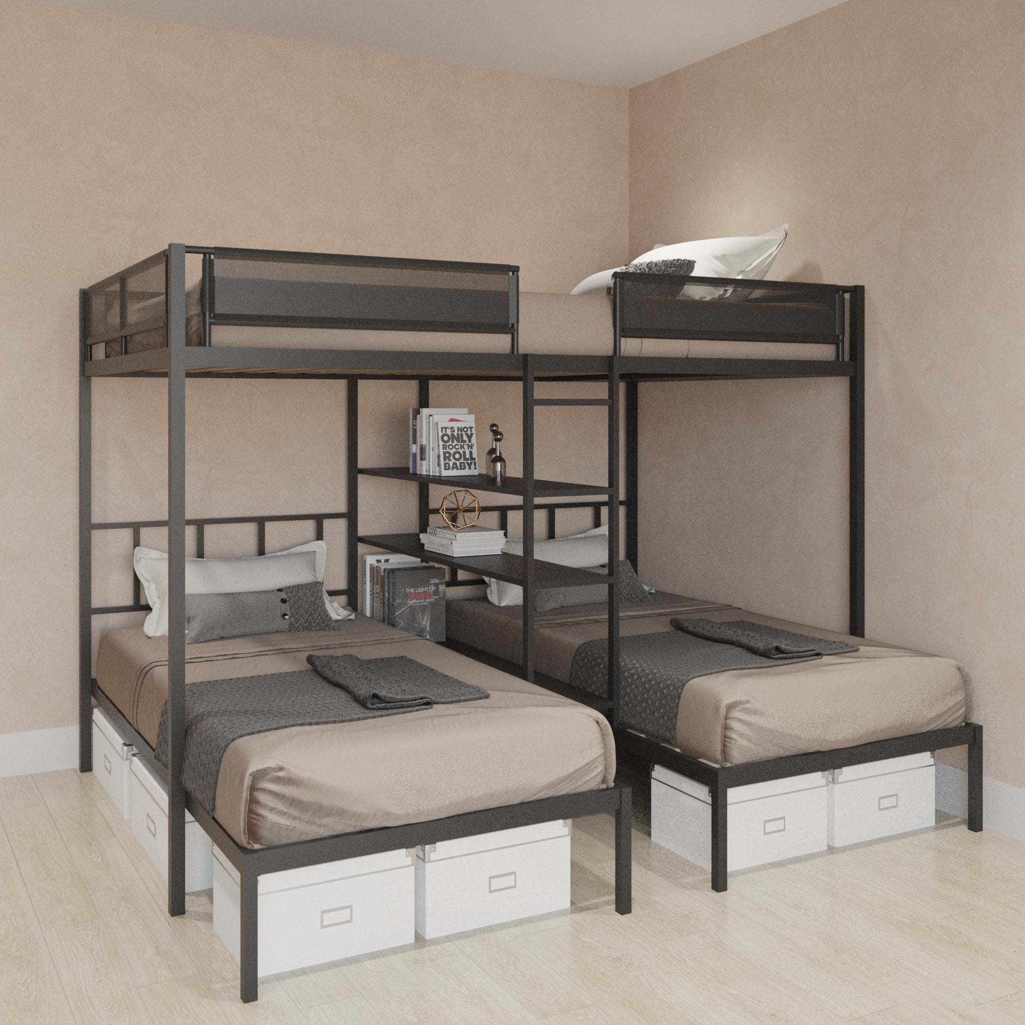 Metal Full over Twin Beds with Shelves/ Sturdy Metal Frame/ Noise-Free Wood Slats/ Comfortable Textilene Guardrail/ Bunk Bed for Three/ Built-in 3-Tier Shelves/ No Box Spring Needed