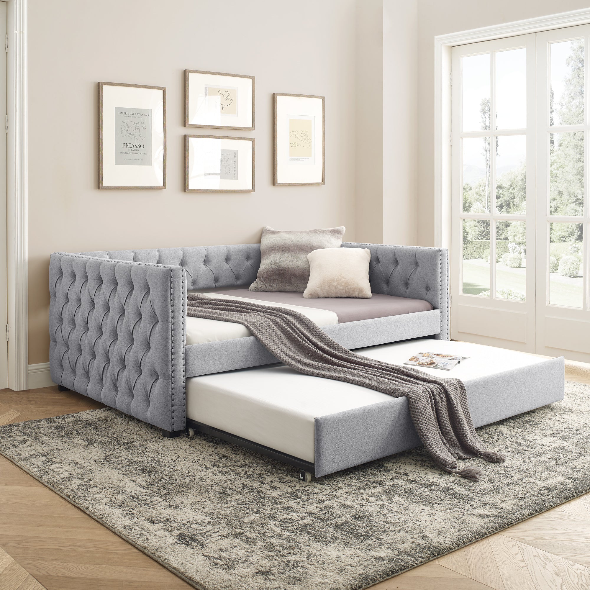 Daybed with Trundle Upholstered Tufted Sofa Bed, with Button and Copper Nail on Square Arms,Full Daybed & Twin Trundle, Grey(85"x57"x31.5")