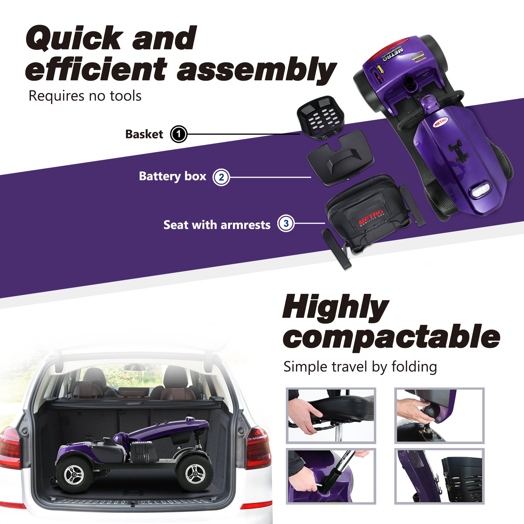 MAX PLUS DARK PURPLE 4 Wheels Outdoor Compact Mobility Scooter with 2pcs*20AH Lead acid Battery, 16 Miles, Cup Holders & USB charger Port