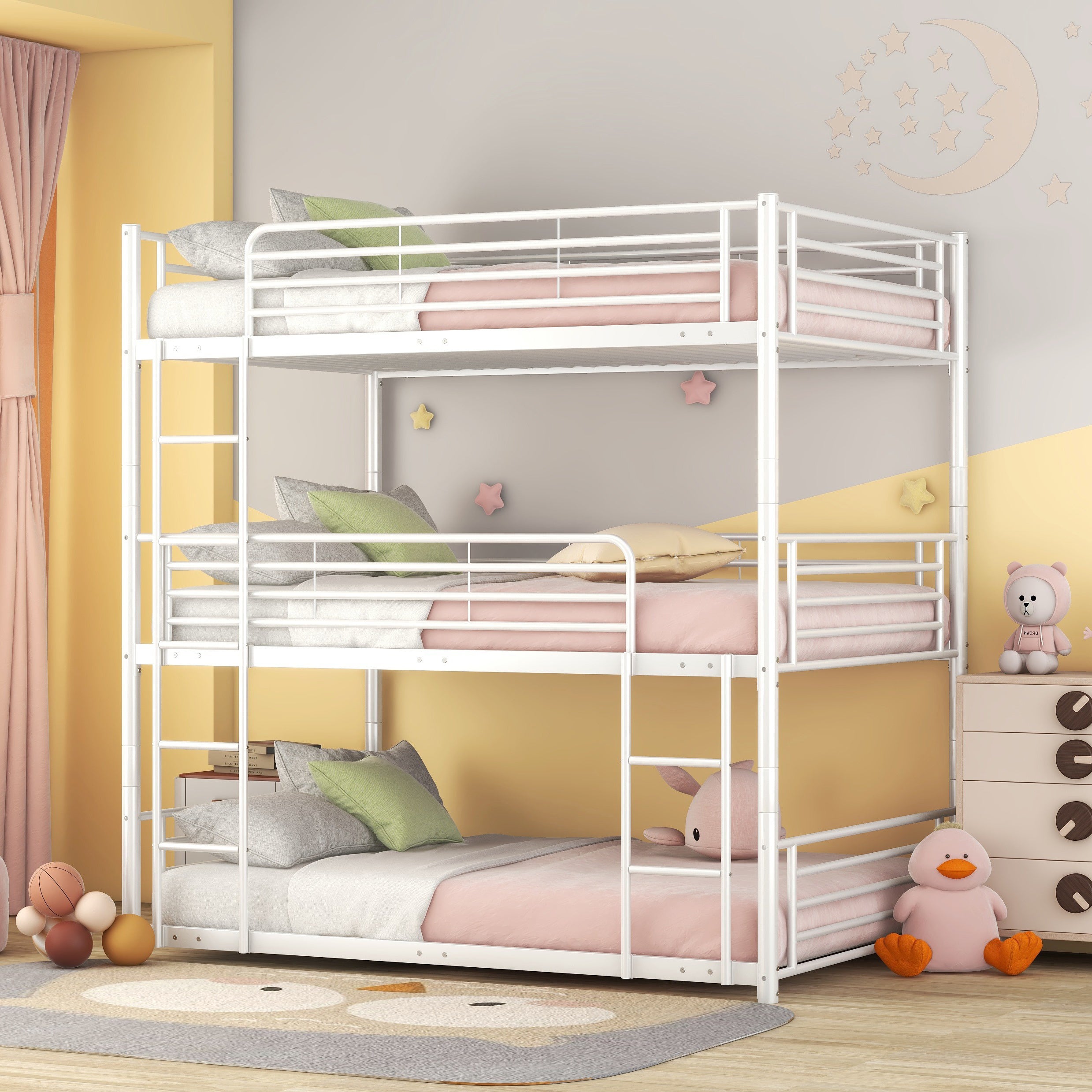 Full-Full-Full Metal Triple Bed with Built-in Ladder, Divided into Three Separate Beds,White(OLD SKU:LP000297AAK)