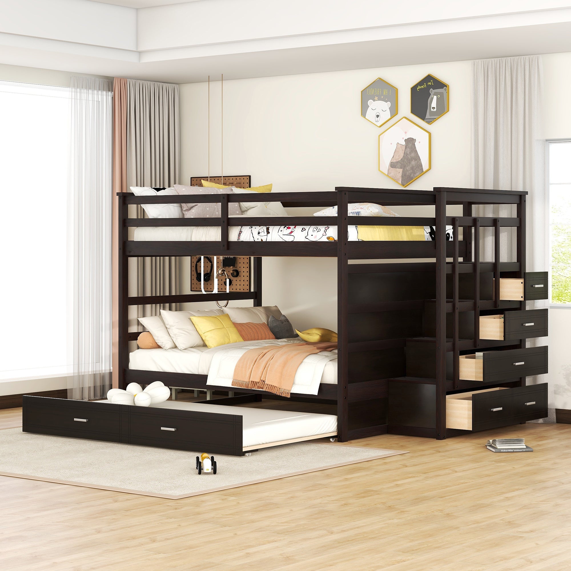 Full Over Full Bunk Bed with Twin Size Trundle and Staircase, Espresso