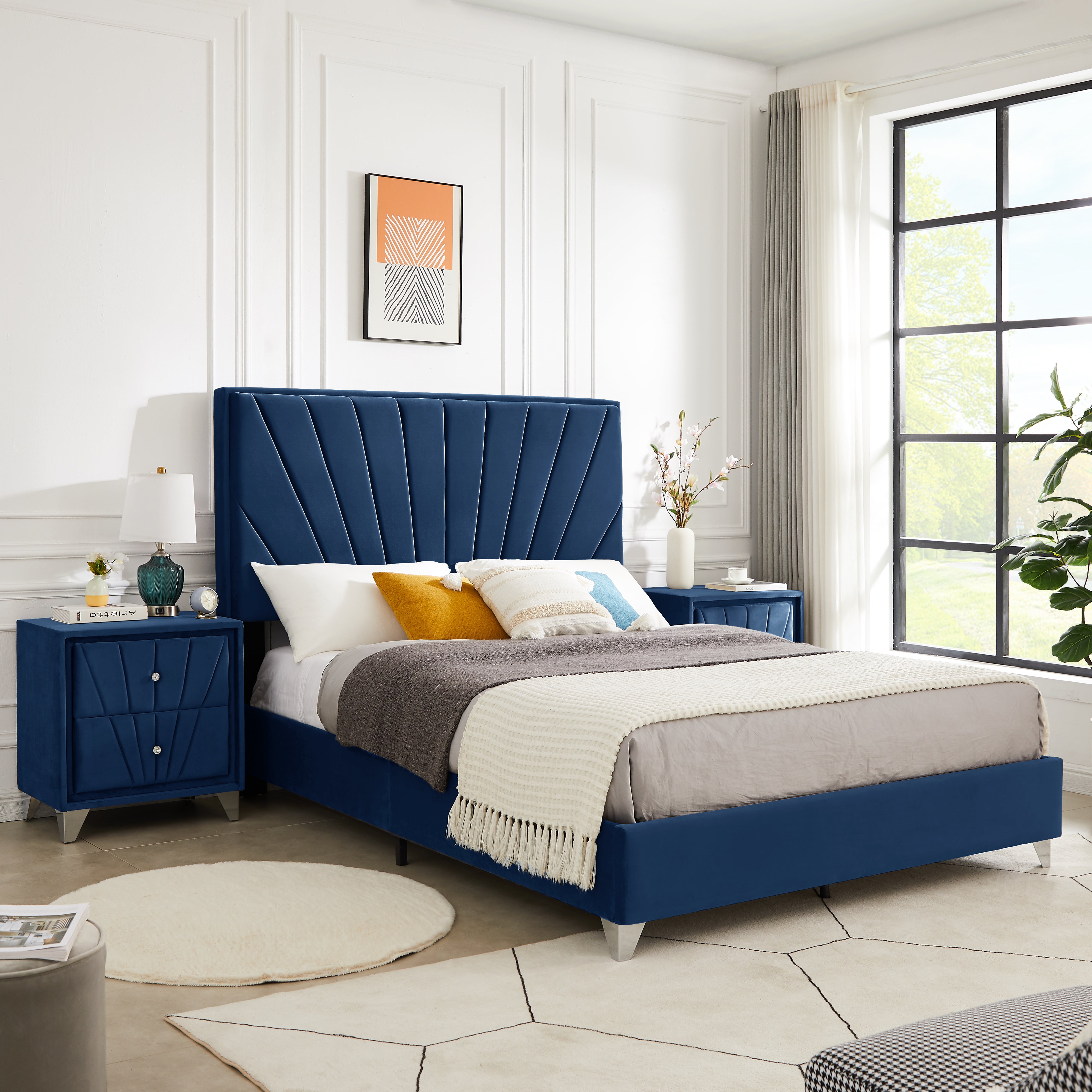 B108 Full bed with one nightstand, Beautiful line stripe cushion headboard , strong wooden slats + metal legs with Electroplate