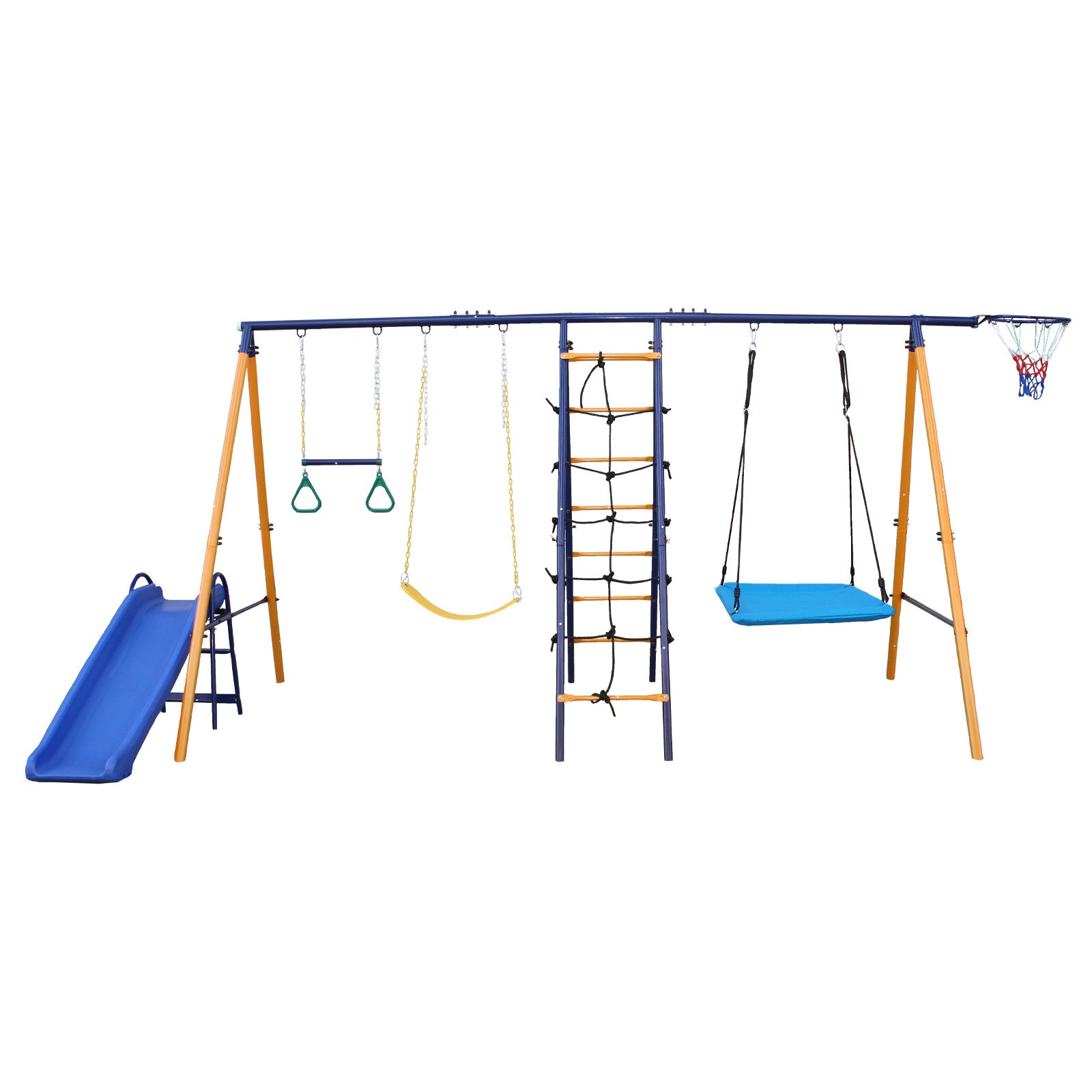 500 lbs 7 in 1 Swing Set for Kids Backyard Outdoor A-Frame Heavy-Duty Metal Swing Sets with Slide, 2 Swing Seats, 1 Climbing Net & Ladder, 1 Gym Ring,