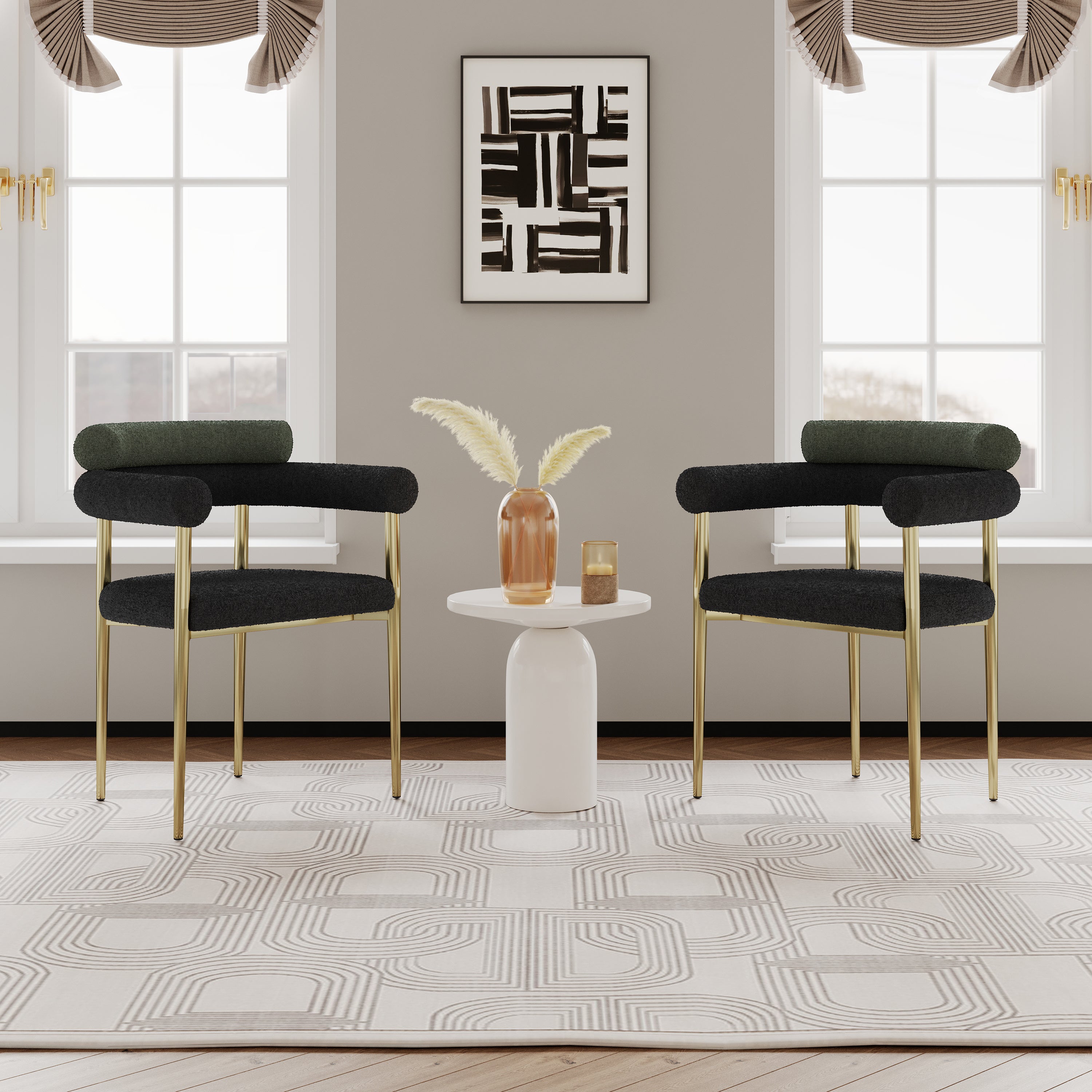 Woker Dining Chairs Set of 2, Mid-Century Modern Dining Chairs, Kitchen Dining Room Chairs, Round Boucle Backrest Sherpa Dining Chair with Brushed Bronze Metal Legs