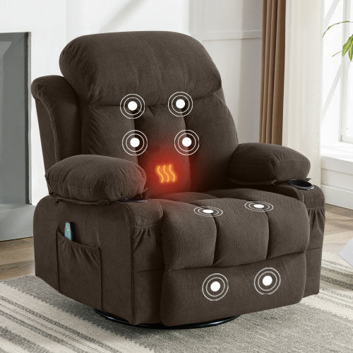 Swinging recliner massage heated sofa, with USB and 2 cup holders in side pockets, PackageA+B (Brown )