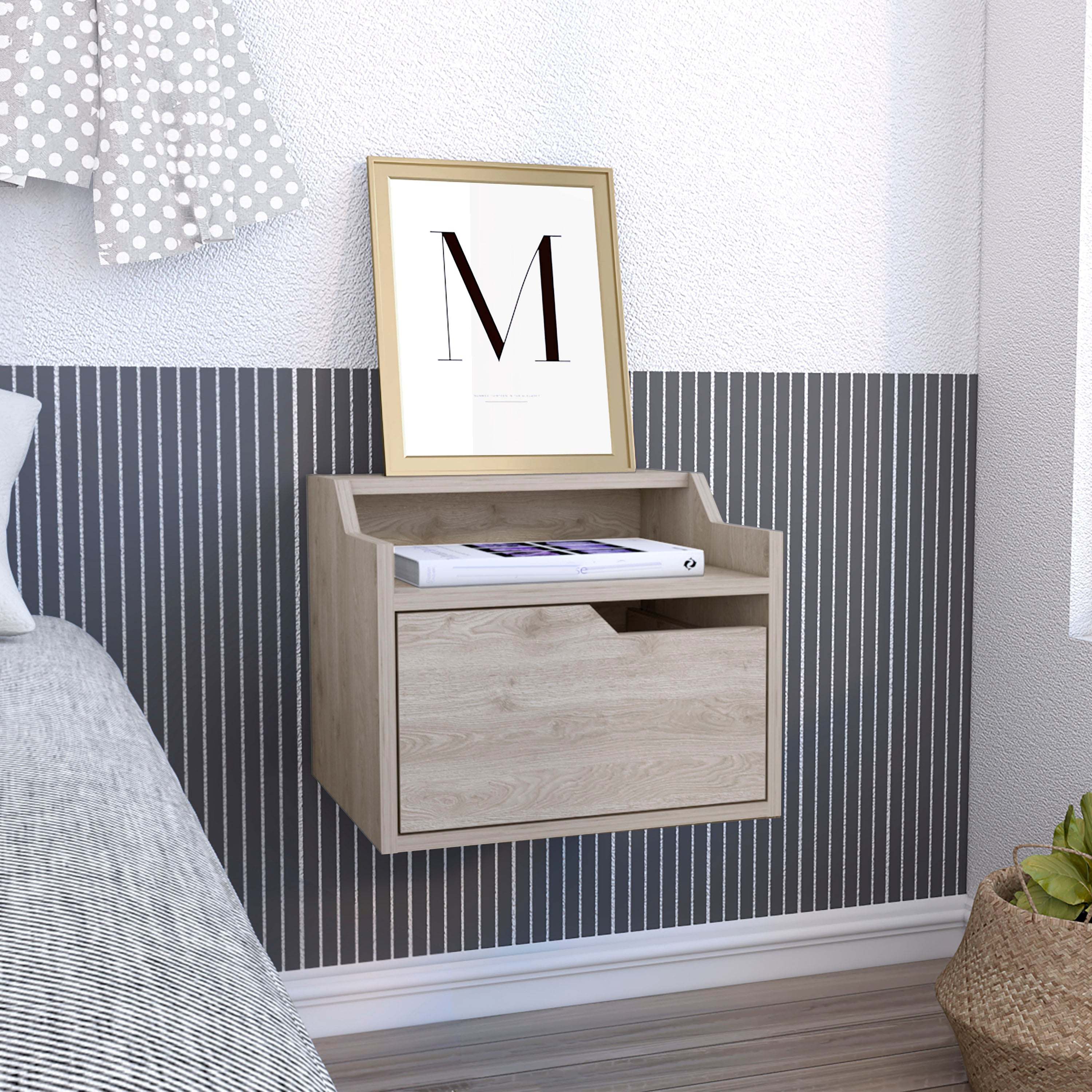 TUHOME Busan Modern Floating Nightstand, Single-Drawer Design with Sleek Two-Tiered Top Shelf Surfaces- Light Grey - Bedroom