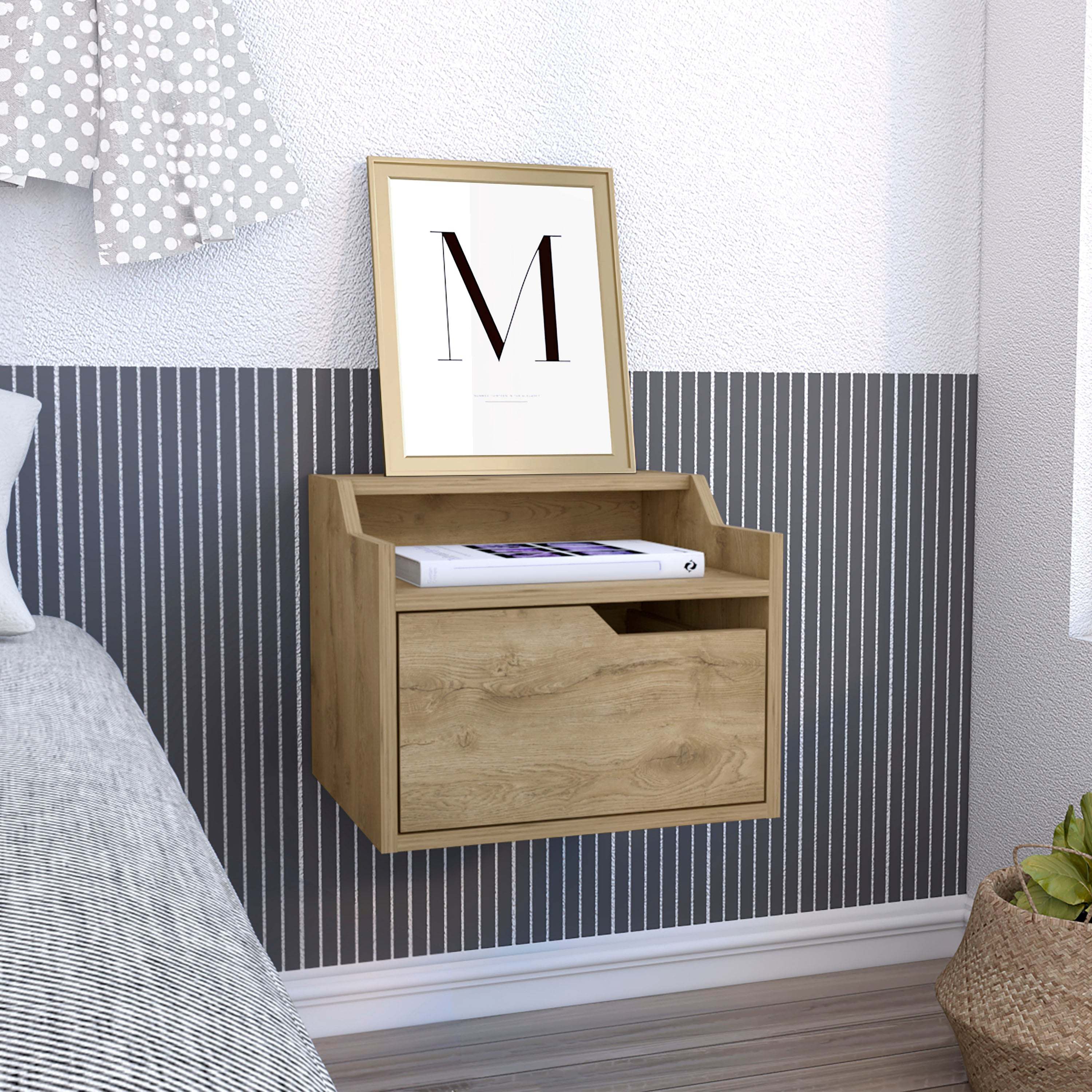 TUHOME Busan Modern Floating Nightstand, Single-Drawer Design with Sleek Two-Tiered Top Shelf Surfaces- Macadamia - Bedroom