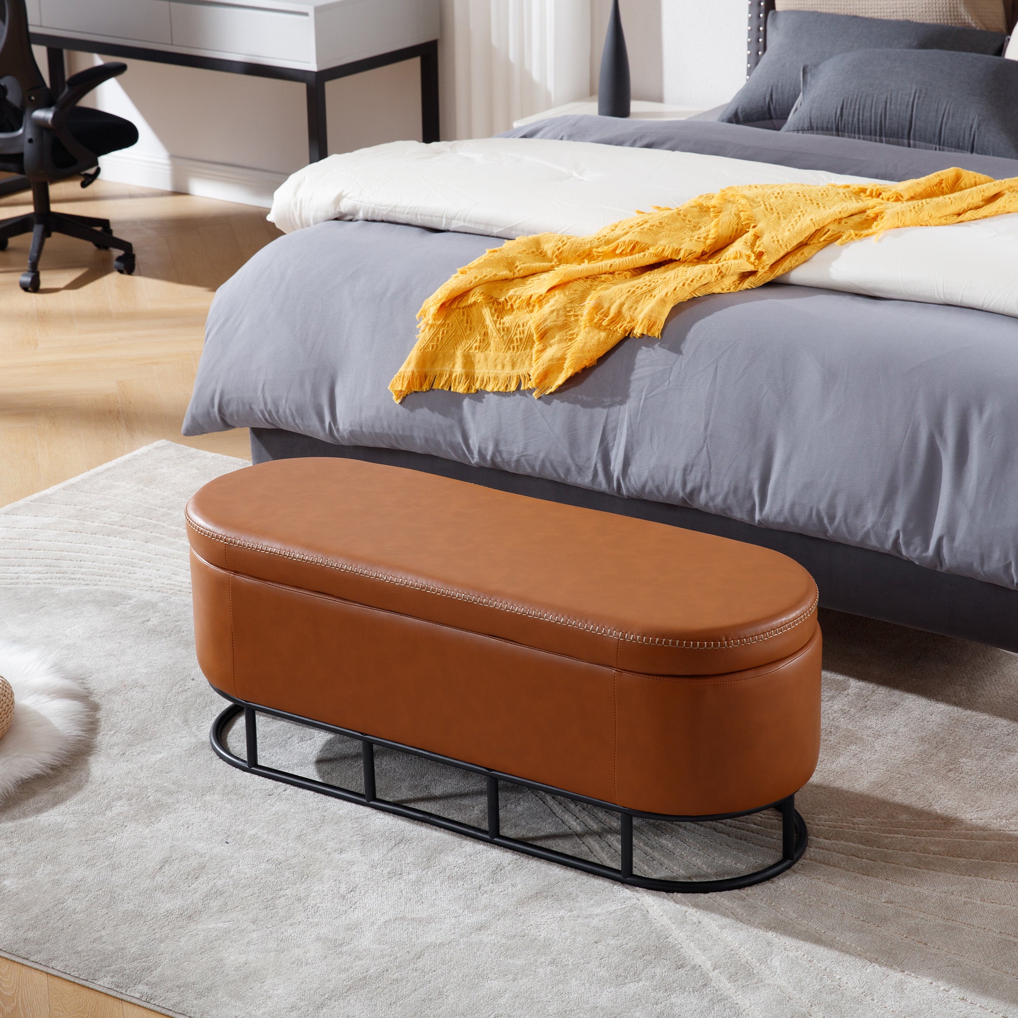Oval Storage Bench for Living Room Bedroom End of Bed,Upholstered Storage Ottoman Entryway Bench With Metal Legs,Brown