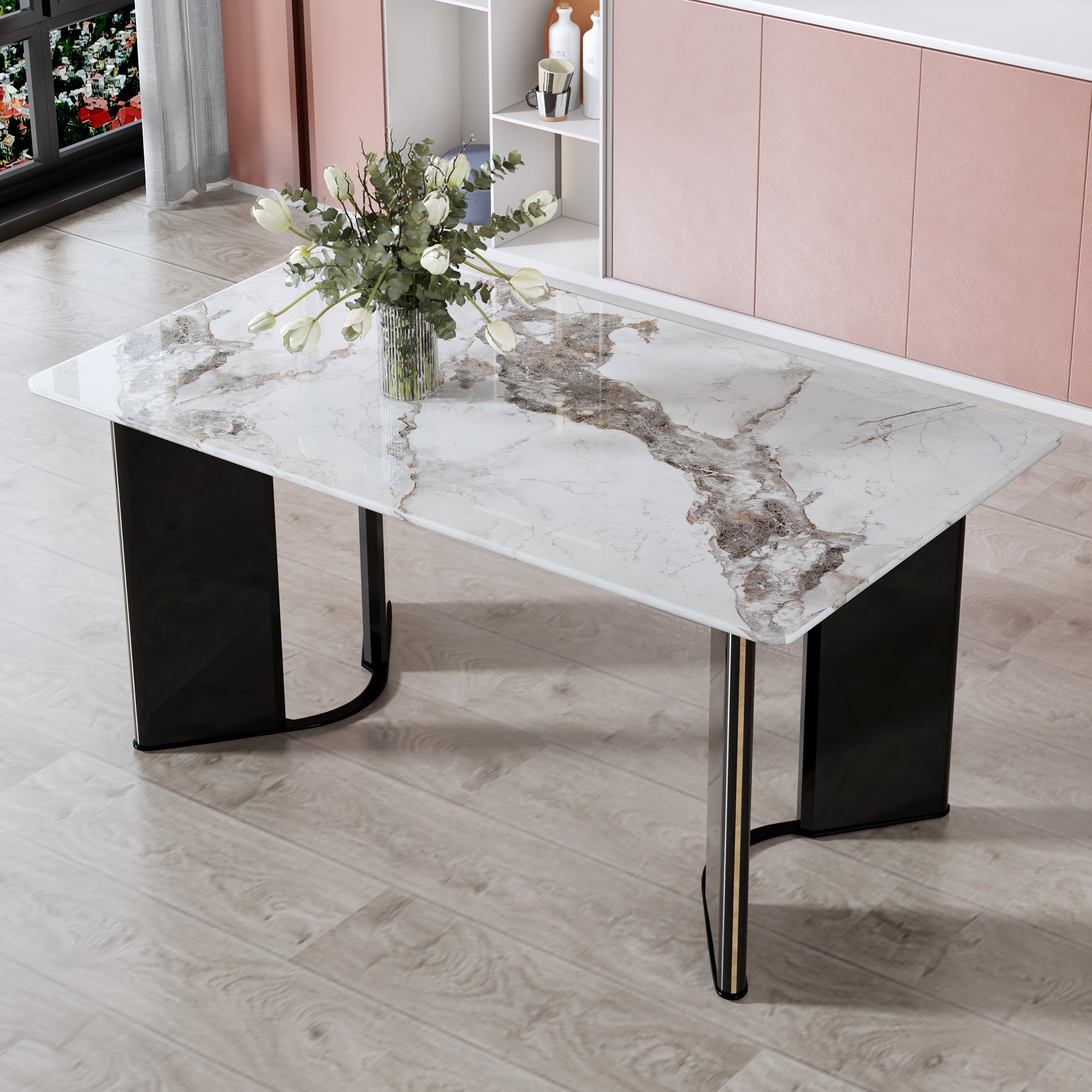 Modern minimalist rectangular dining table, white imitation marble tabletop, MDF table legs with gold metal decorative strips. Suitable for restaurant and living room F-HH