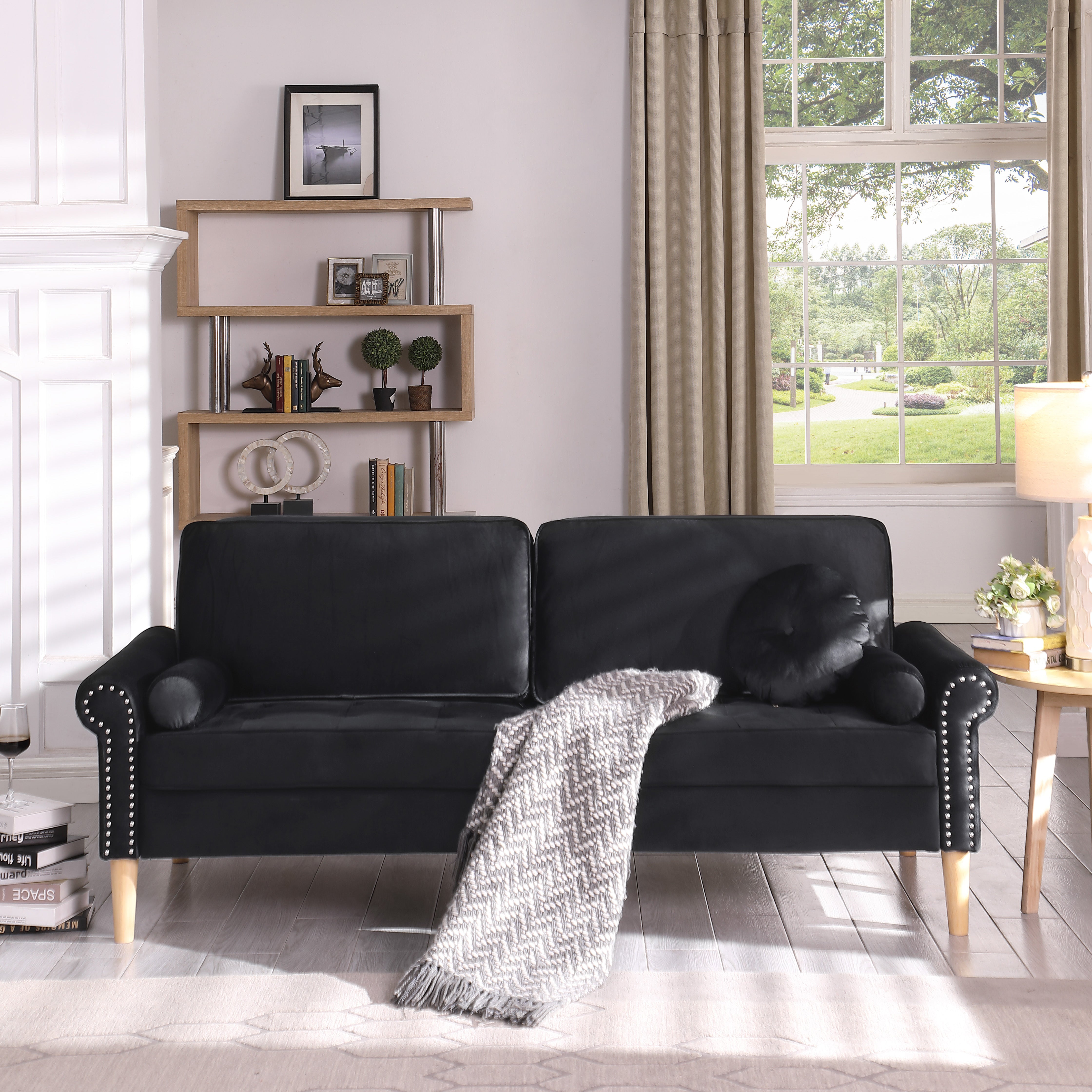 Living Room Sofa,3-Seater Sofa , with Copper Nail on Arms ,Three Pillow,Black