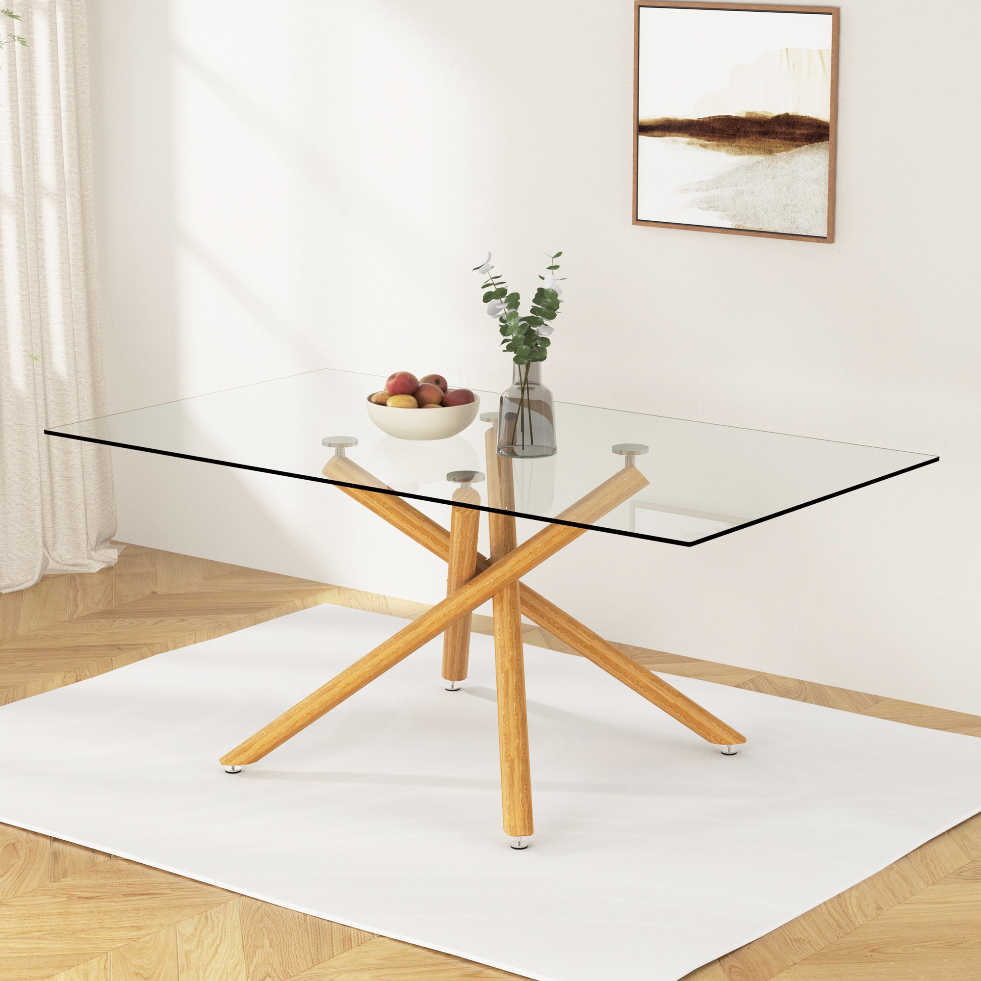 Large Modern Minimalist Rectangular Glass Dining Table for 6-8 with 0.39" Tempered Glass Tabletop and Wood color Metal Legs, for Kitchen Dining Living Meeting Room Banquet hall, 71" W x 39" D x 30