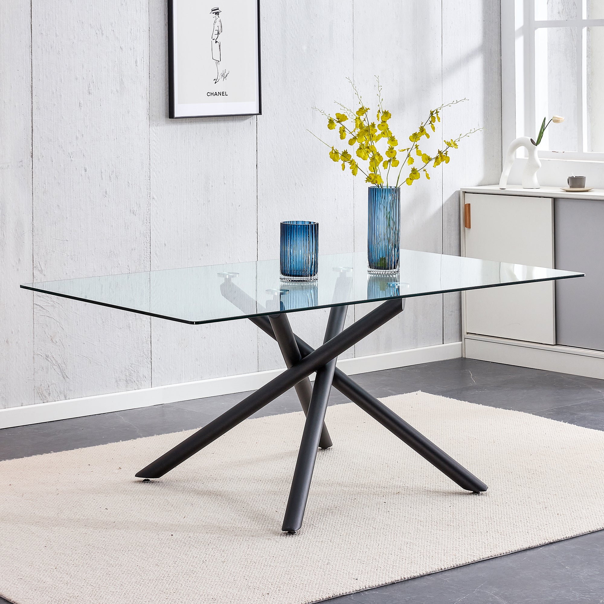 Large Modern Minimalist Rectangular Glass Dining Table for 6-8 with 0.39" Tempered Glass Tabletop and Black color Metal Legs, for Kitchen Dining Living Meeting Room Banquet hall, 71" W x 39" D x 30