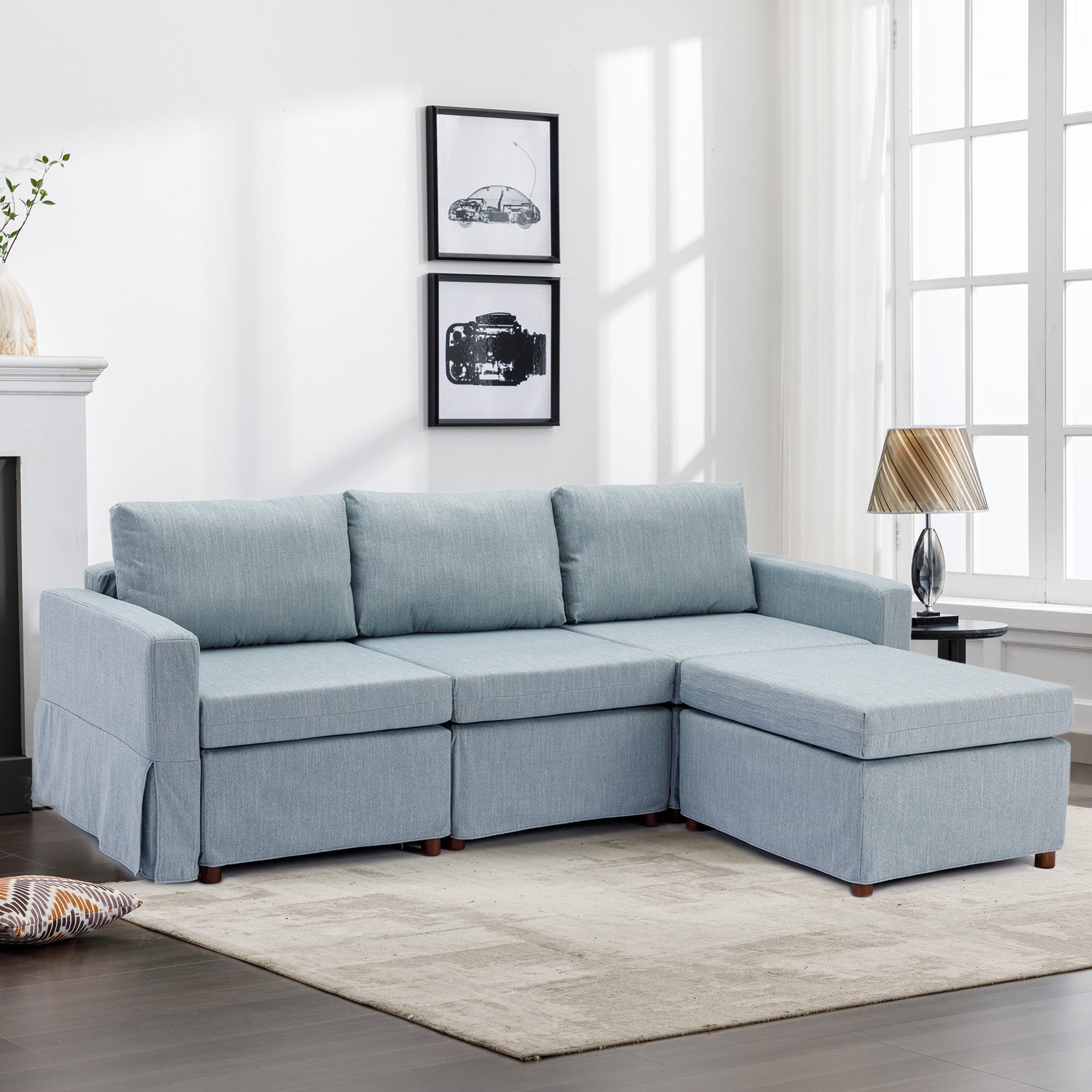 3 Seat Module Sectional Sofa Couch With 1 Ottoman,Seat Cushion and Back Cushion Removable and Washable,Light Blue